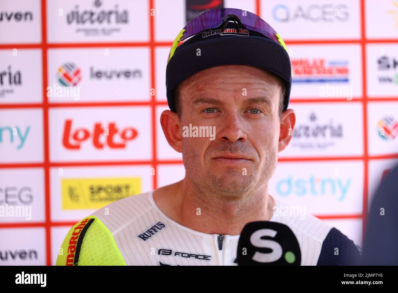 Louvain, Belgique. 07th août 2022. Le Norvégien Alexander Kristoff d'Intermarche Wanty-Gobert Materiaux s'entretient avec la presse après la première édition de la course cycliste "Tour de Louvain" à Louvain, dimanche 07 août 2022 à Louvain et dans les environs. Après les championnats du monde ont eu lieu dans la ville, une nouvelle course est organisée avec les organisateurs du GP Memorial Jef Scherens. La nouvelle course a été nommée Tour de Louvain - Memorial Jef Scherens. BELGA PHOTO DAVID PINTENS crédit: Belga News Agency/Alay Live News Banque D'Images