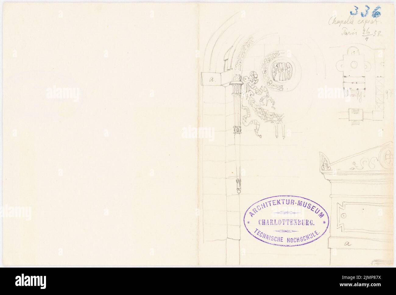 Nohl Maximilian (1830-1863), Sainte-Madeleine et Chapelle Expiat, Paris (26.04.1858) : plan d'étage intérieur, verso : détails et croquis du plan d'étage. Crayon sur papier, 14,1 x 20,8 cm (y compris les bords de numérisation) Nohl Maximilian (1830-1863): Kirche St. Madeleine und Chapelle expiat, Paris Banque D'Images