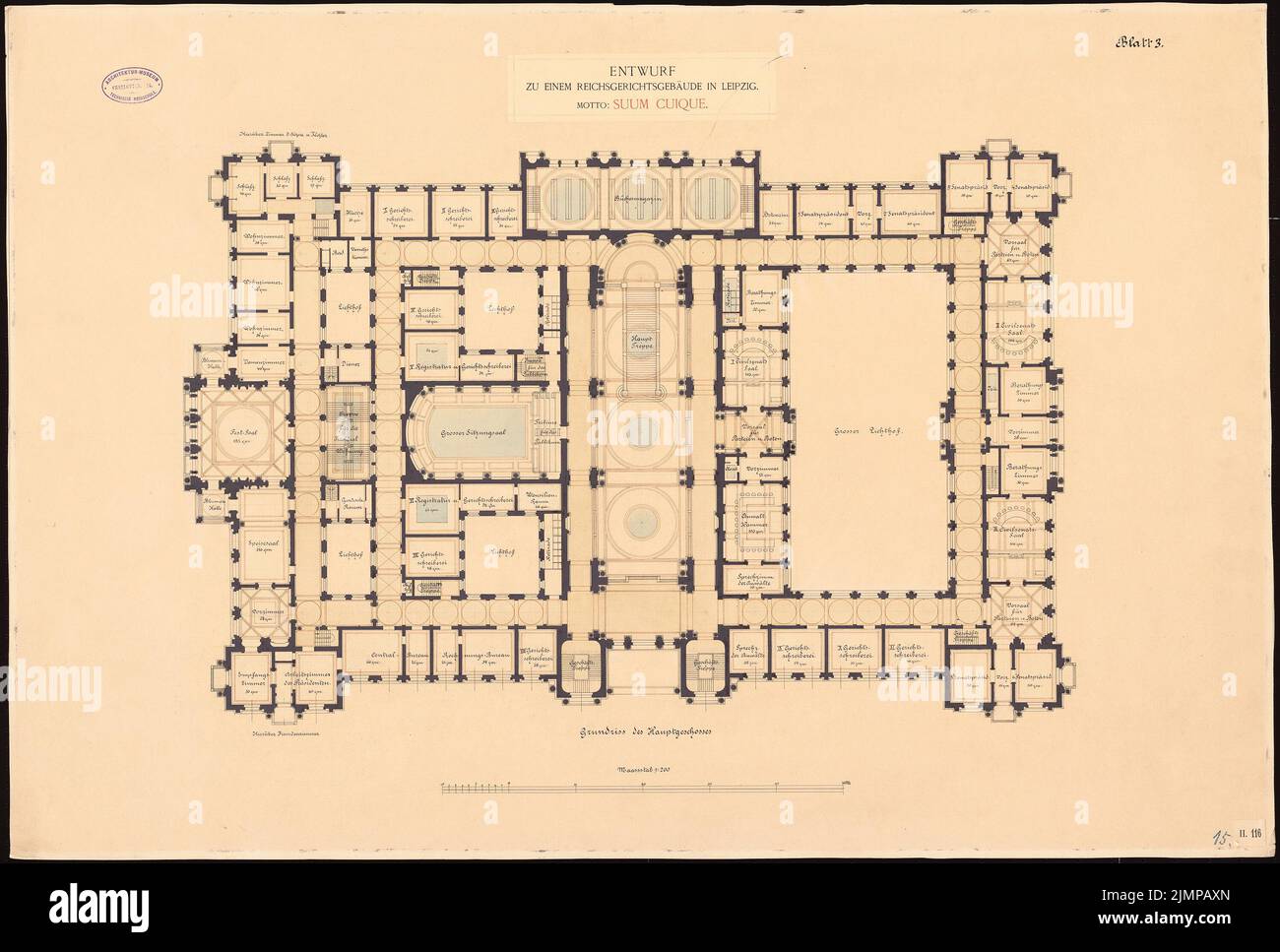 Bull Hubert (1838-1907), Reichsgericht à Leipzig (1884): Grundriss rez-de-chaussée 1: 200. Encre, couleur de l'encre, aquarelle sur carton, 64,2 x 95,2 cm (y compris les bords de numérisation) couche d. Ä. Hubert (1838-1907): Reichsgericht, Leipzig Banque D'Images