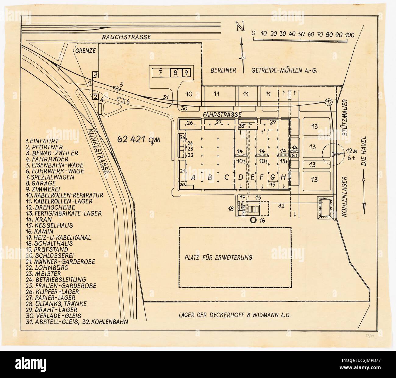 Poelzig Hans (1869-1936), Kabelwerk Dr. Cassirer, Berlin-Spandau (1928-1929): Plan du site, explication des plans d'étage. Encre sur transparent, 74,8 x 84,5 cm (y compris les bords de balayage) Poelzig Hans (1869-1936): KABELWERK Dr. Cassirer, Berlin-Spandau Banque D'Images