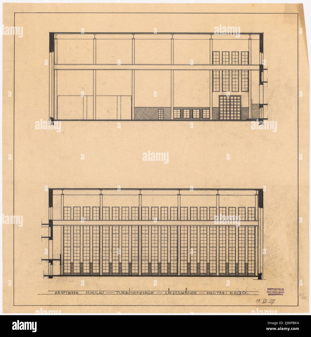 Poelzig Hans (1869-1936), centrale électrique Schulau (19 décembre 1927): Turbinenhalle parois longitudinales 1: 100. Crayon sur transparent, 63 x 62,2 cm (y compris les bords de balayage) Poelzig Hans (1869-1936): Kraftwerk Schulau Banque D'Images