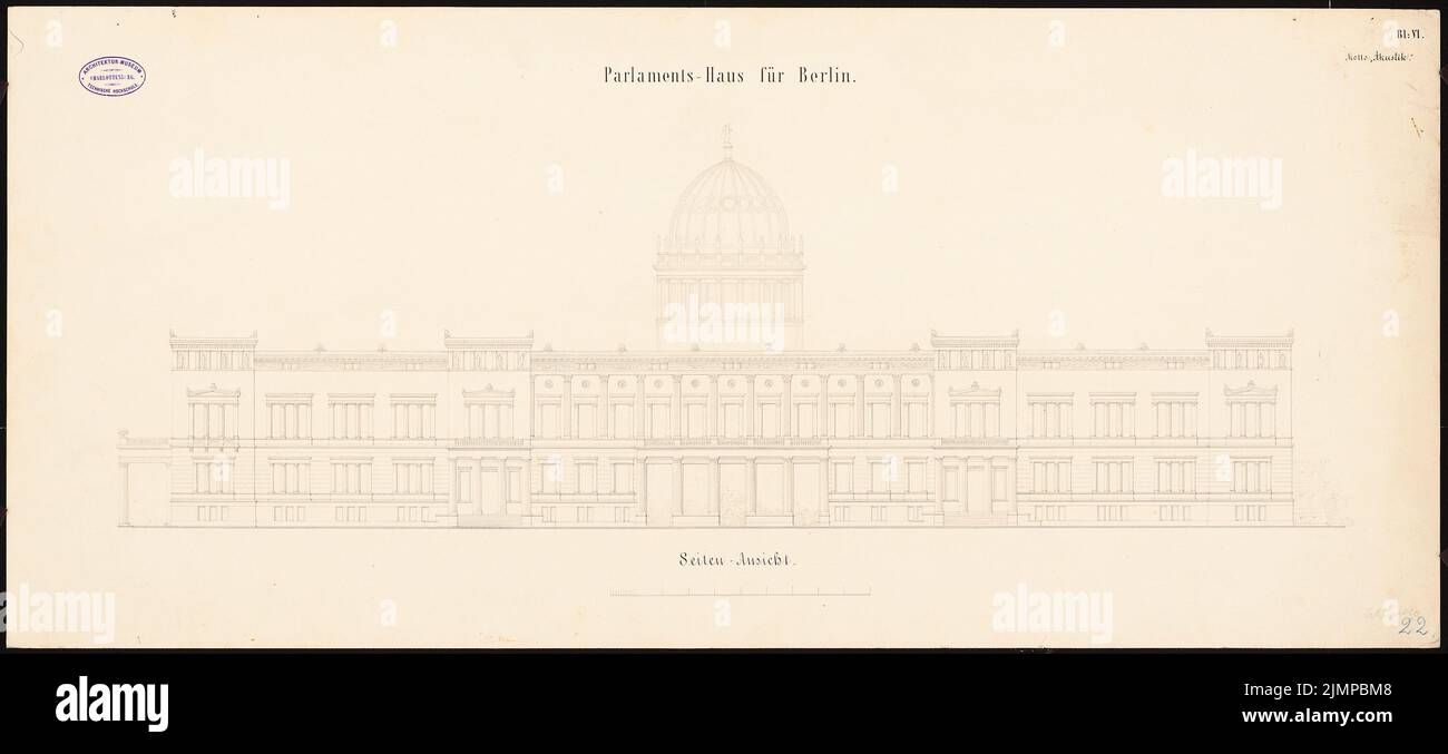 Schwatlo Carl (1831-1884), Parlement prussien à Berlin. Concours Schinkel 1859 (1859): Vue latérale. Encre sur carton, 44,3 x 98 cm (y compris les bords de balayage) Schwatlo Carl (1831-1884): Preußisches Parlament, Berlin. Schinkelwettbewerb 1859 Banque D'Images