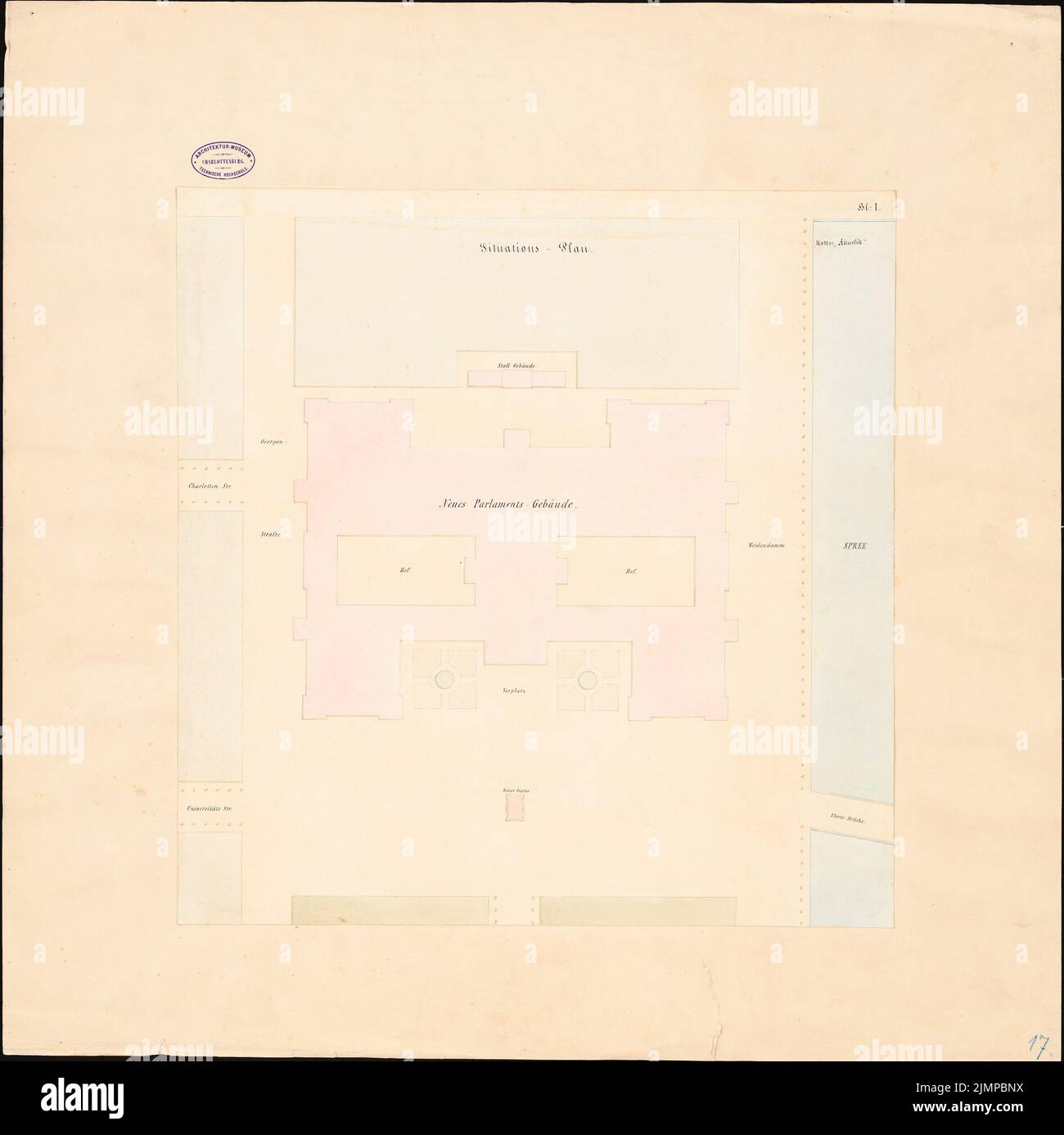 Schwatlo Carl (1831-1884), Parlement prussien à Berlin. Concours Schinkel 1859 (1859): Plan du site. Crayon aquarelle sur papier, 75,3 x 75,5 cm (y compris les bords de numérisation) Schwatlo Carl (1831-1884): Preußisches Parlament, Berlin. Schinkelwettbewerb 1859 Banque D'Images