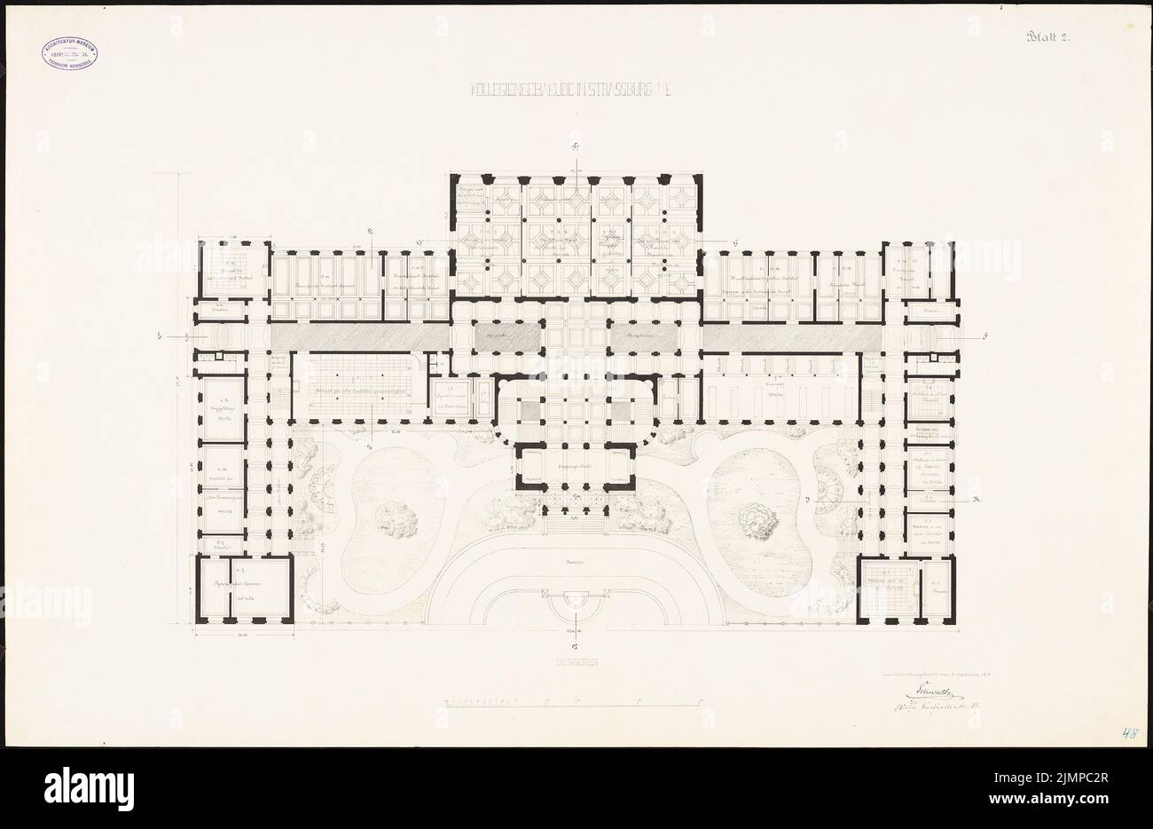 Schwatlo Carl (1831-1884), bâtiment universitaire de l'université Kaiser Wilhelm à Strasbourg. Concurrence (15 septembre 1878): Grundriss EG. Encre sur carton, 60,5 x 93,2 cm (y compris les bords de numérisation) Schwatlo Carl (1831-1884): Kollegengebäude der Kaiser-Wilhelm-Universität Straßburg. Wettbewerb Banque D'Images