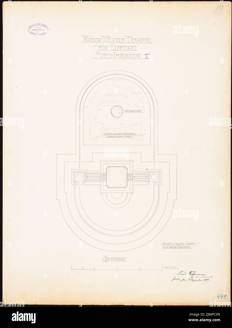 Hoffmann Emil (1845-1901), fontaine avec le monument Kaiser-Wilhelm à Lippstadt. Compétition mensuelle novembre 1889 (probablement dessin original) (02.12.1889): Plan d'étage 1:20. Encre, crayon sur carton, 67,8 x 51,4 cm (y compris les bords de balayage) Hoffmann Emil (1845-1901): Brunnen mit Kaiser-Wilhelm-Denkmal, Lippstadt. Monatskonkurrenz novembre 1889 (wahrscheinlich Originalzeichnung) Banque D'Images