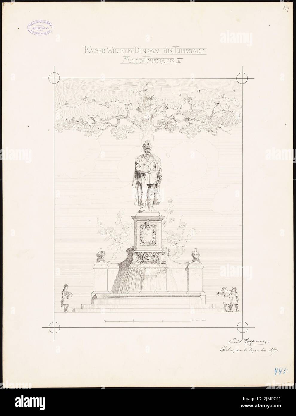 Hoffmann Emil (1845-1901), fontaine avec le monument Kaiser-Wilhelm à Lippstadt. Compétition mensuelle novembre 1889 (probablement dessin original) (02.12.1889): RISS 1:20. Encre, crayon sur carton, 67,8 x 51,7 cm (y compris les bords de balayage) Hoffmann Emil (1845-1901): Brunnen mit Kaiser-Wilhelm-Denkmal, Lippstadt. Monatskonkurrenz novembre 1889 (wahrscheinlich Originalzeichnung) Banque D'Images