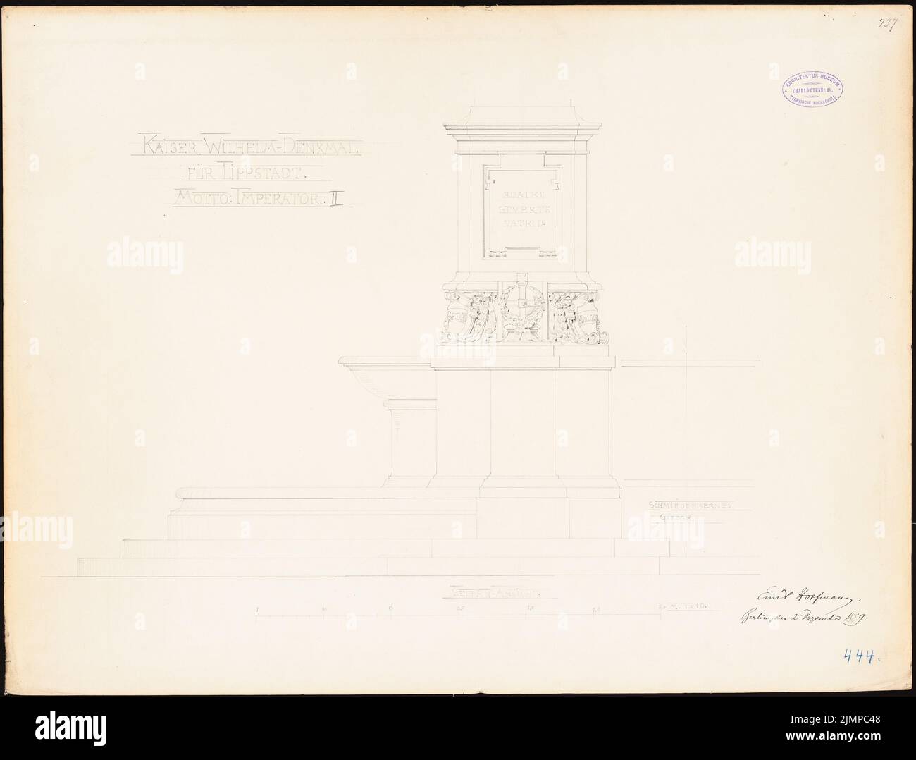 Hoffmann Emil (1845-1901), fontaine avec le monument Kaiser-Wilhelm à Lippstadt. Compétition mensuelle novembre 1889 (probablement dessin original) (02.12.1889): RISS vue latérale 1:10. Crayon sur carton, 51,5 x 67,7 cm (y compris les bords de balayage) Hoffmann Emil (1845-1901): Brunnen mit Kaiser-Wilhelm-Denkmal, Lippstadt. Monatskonkurrenz novembre 1889 (wahrscheinlich Originalzeichnung) Banque D'Images