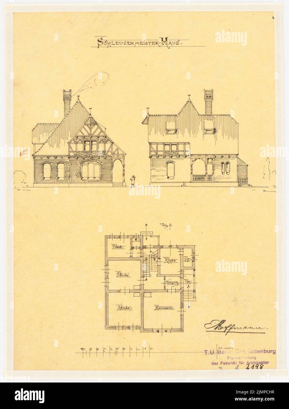 Hoffmann Emil (1845-1901), maison principale (sans date): 2 vues, plan d'étage, 1: 200. Tusche aquarelle sur transparent, 28,3 x 21,4 cm (y compris les bords de balayage) Hoffmann Emil (1845-1901): Schleusenmeisterhaus Banque D'Images