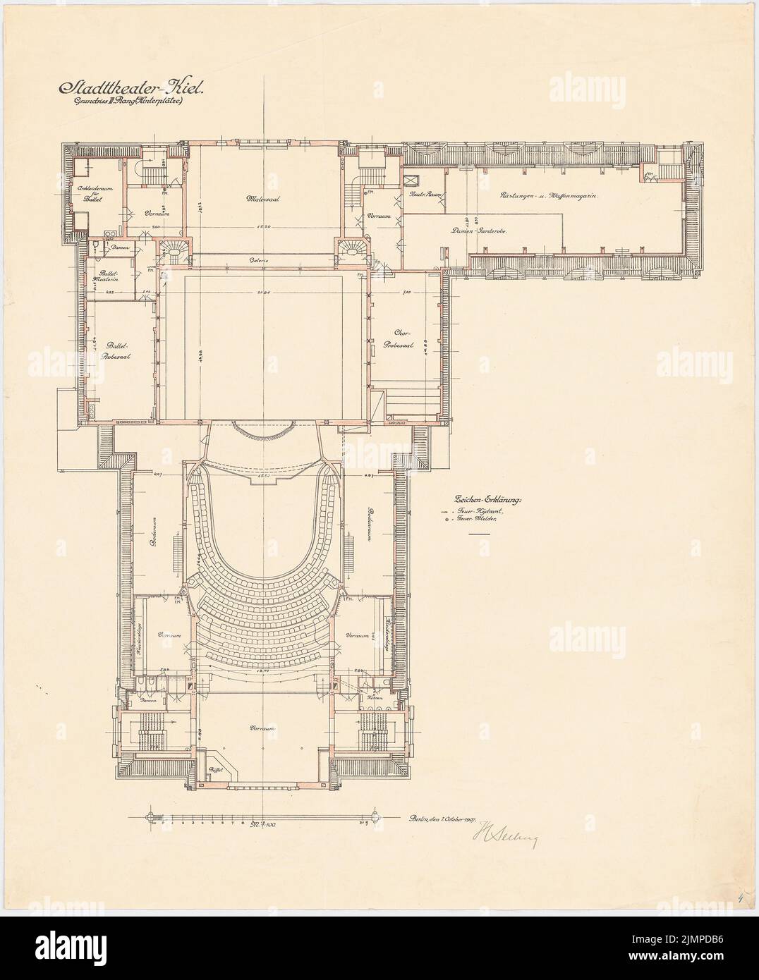 Seeling Heinrich (1852-1932), théâtre municipal de Kiel (1 octobre 1907): Grundriss 3rd place 1: 100. Crayon de couleur sur une rupture de papier, 91,7 x 75,9 cm (y compris les bords de numérisation) Seeling Heinrich (1852-1932): Stadttheater, Kiel Banque D'Images