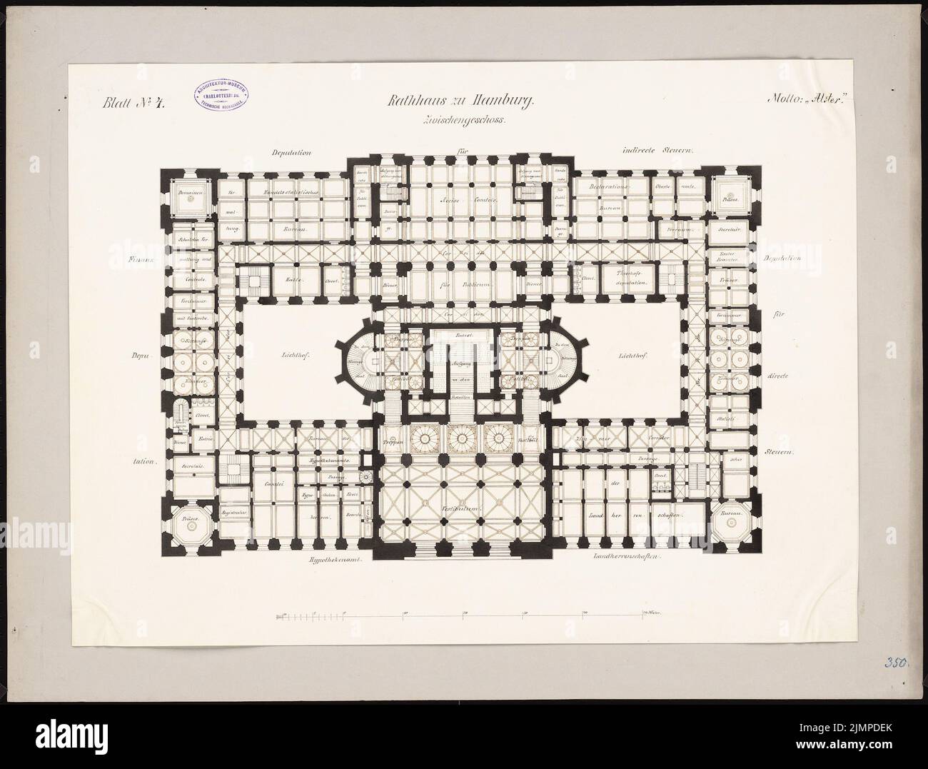 Hoffmann Emil (1845-1901), Rathaus à Hambourg (sans date): Plan d'étage étages intermédiaires 1: 200. Encre, encre colorée sur carton, 58,5 x 77 cm (y compris les bords de numérisation) Hoffmann Emil (1845-1901): Rathaus, Hambourg Banque D'Images