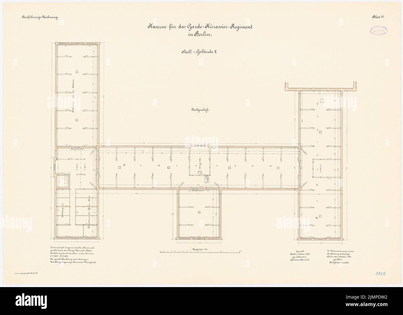 Cousin, casernes du Régiment Cuerassier de la Garde et du Régiment Grenadier de la Reine-Augusta No 4, Berlin (1895-1897): Königin-Augusta-Grenadier-Regiment No 4, Bâtiment stable V: Grenier de Grundriss 1 : 100. Lithographie colorée sur la boîte, 75,6 x 106,1 cm (y compris les bords de balayage) Vetter : Kaserne des Garde-Kürassier-régiments und des Königin-Augusta-Garde-Grenadier-régiments Nr. 4, Berlin Banque D'Images