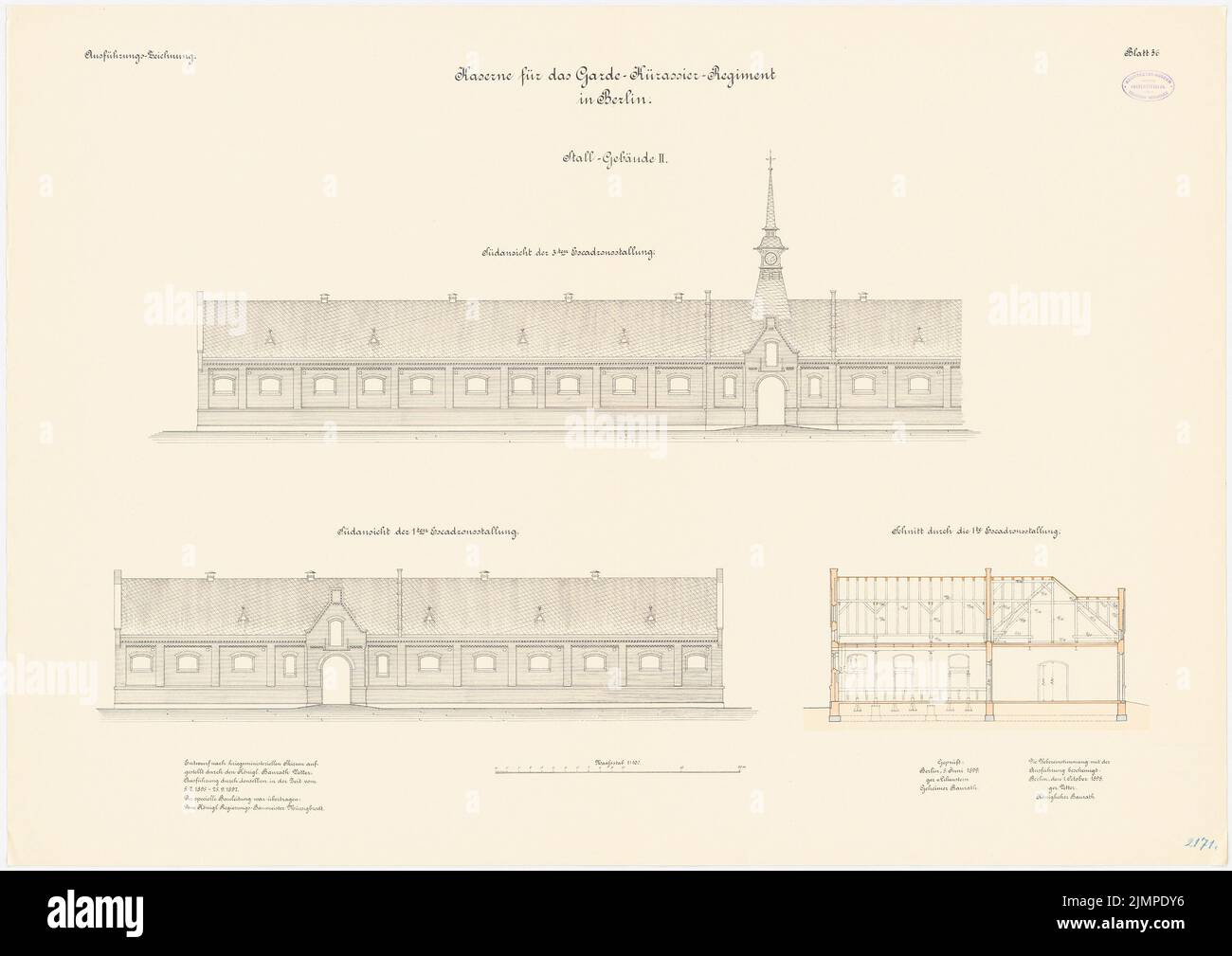 Cousin, casernes du régiment de la Garde Cuerassier et du régiment de la Reine-Augusta-Garde-Grenadier no 4, Berlin (1895-1897): Queen-Augusta-Grenadier-Regiment no 4, bâtiment stable II: Section transversale, vues du Sud 1: 100. Lithographie colorée sur carton, 74,9 x 105,9 cm (y compris les bords de balayage) Vetter : Kaserne des Garde-Kürassier-régiments und des Königin-Augusta-Garde-Grenadier-régiments Nr. 4, Berlin Banque D'Images