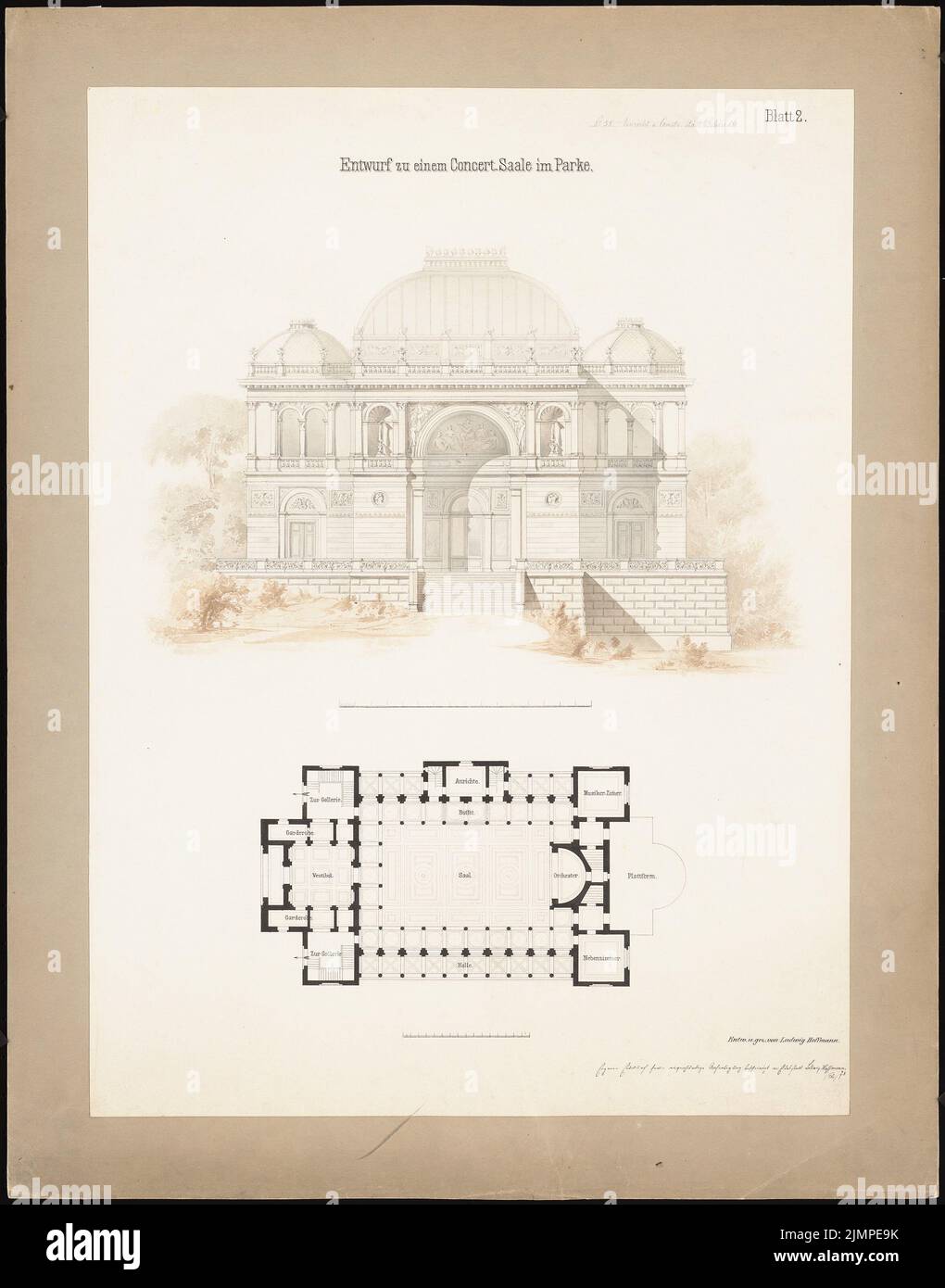 Hoffmann Ludwig (1852-1932), salle de concert dans le parc (02,1878): Vue latérale, plan d'étage par exemple. Tusche aquarelle sur la boîte, 76,6 x 60,1 cm (y compris les bords de balayage) Hoffmann Ludwig (1852-1932): Konzertsaal im Park Banque D'Images