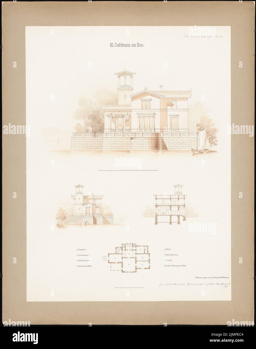 Hoffmann Ludwig (1852-1932), petit Cafehaus am See (01,1878): 2 vues, plan d'étage. Tusche aquarelle sur la boîte, 76,7 x 60,2 cm (y compris les bords de balayage) Hoffmann Ludwig (1852-1932): Kleines Cafehaus am See Banque D'Images