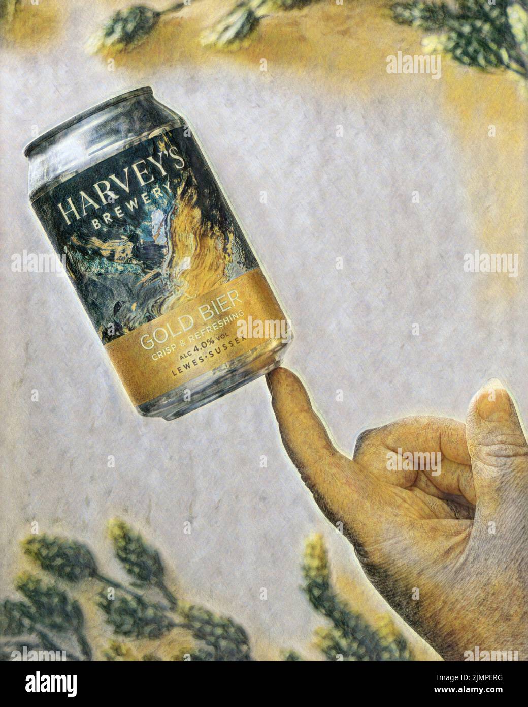 Une canette de la bière de Harvey se équilibrant sur un seul doigt. Une photographie retouchée dans un style de peinture. Banque D'Images