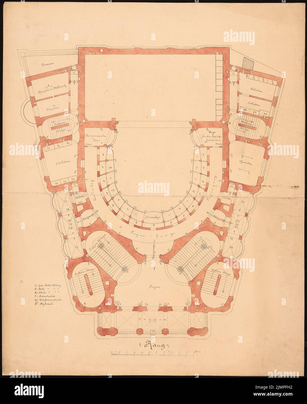 Seeling Heinrich (1852-1932), Théâtre à Karlsbad (sans dat.): Grundriss 1st place. Aquarelle légère brise sur la boîte, 50,1 x 40,8 cm (y compris les bords de balayage) Seeling Heinrich (1852-1932): Théâtre, Karlsbad Banque D'Images