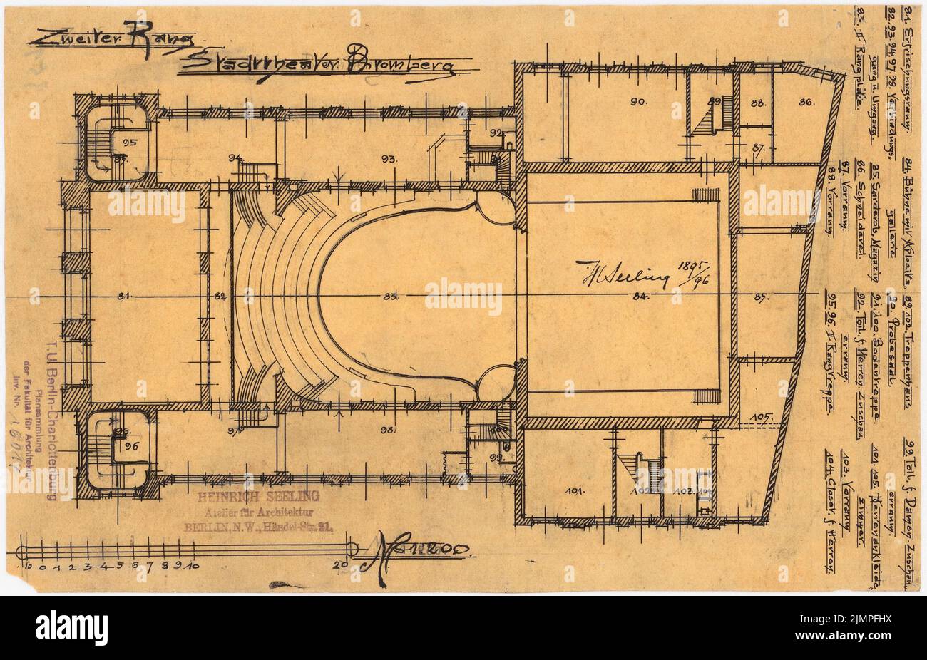 Seeling Heinrich (1852-1932), théâtre municipal de Bromberg (1894) : Grundriss 2nd. Encre sur transparent, 19,5 x 30,3 cm (y compris les bords de balayage) Seeling Heinrich (1852-1932): Stadttheater, Bromberg Banque D'Images