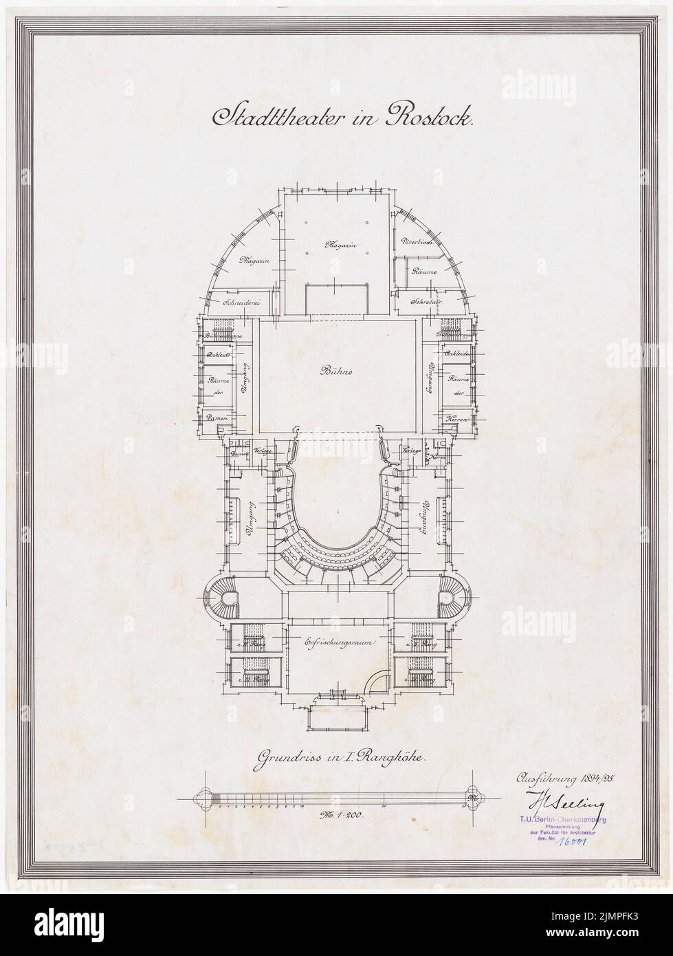 Seeling Heinrich (1852-1932), théâtre municipal de Rostock. Projet d'exécution (1894): Grundliss 1st place. Encre sur lin, 54,4 x 41 cm (y compris les bords de balayage) Seeling Heinrich (1852-1932): Stadttheater, Rostock. Ausführungsprojekt Banque D'Images