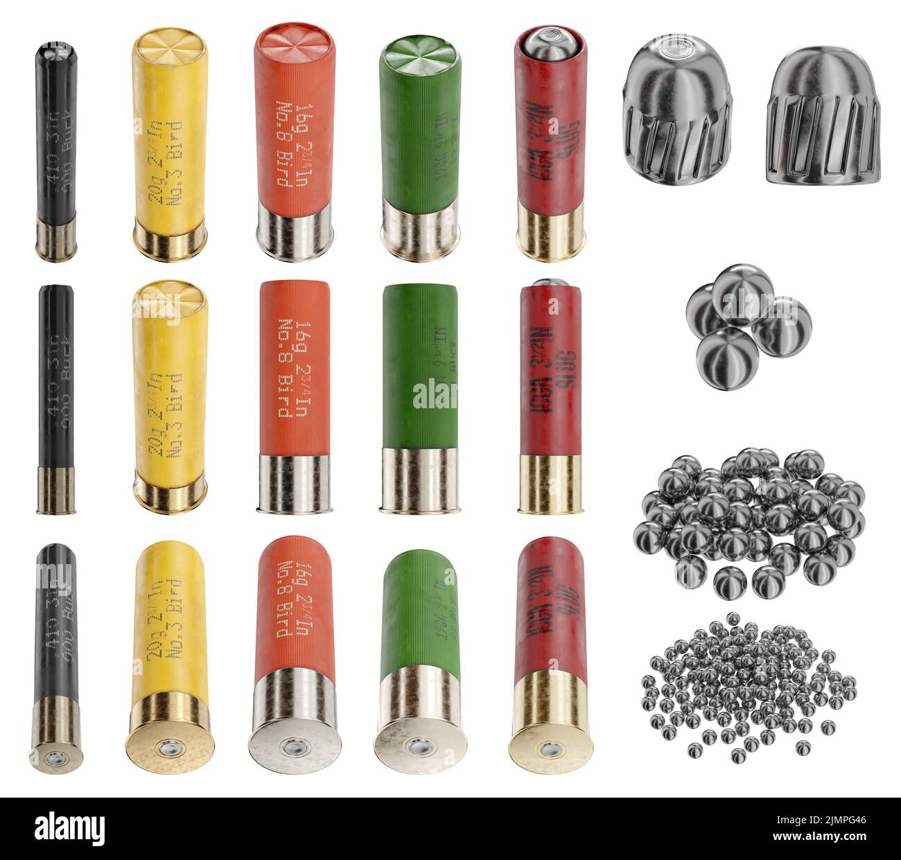3d faire l'illustration d'une variété de munitions de fusil de chasse isolées sur fond blanc. Différents calliber. Vues différentes. Banque D'Images