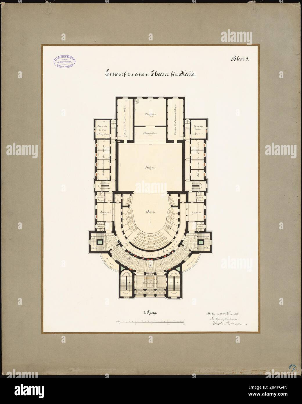 Knoch & Kallmeyer, théâtre de la ville de Halle/Saale (29.02.1884) : Grundriss 1st place. Encre, couleur encre, aquarelle sur carton, 78,9 x 63,2 cm (y compris les bords de numérisation) Knoch & Kallmeyer : Stadttheater, Halle/Saale Banque D'Images