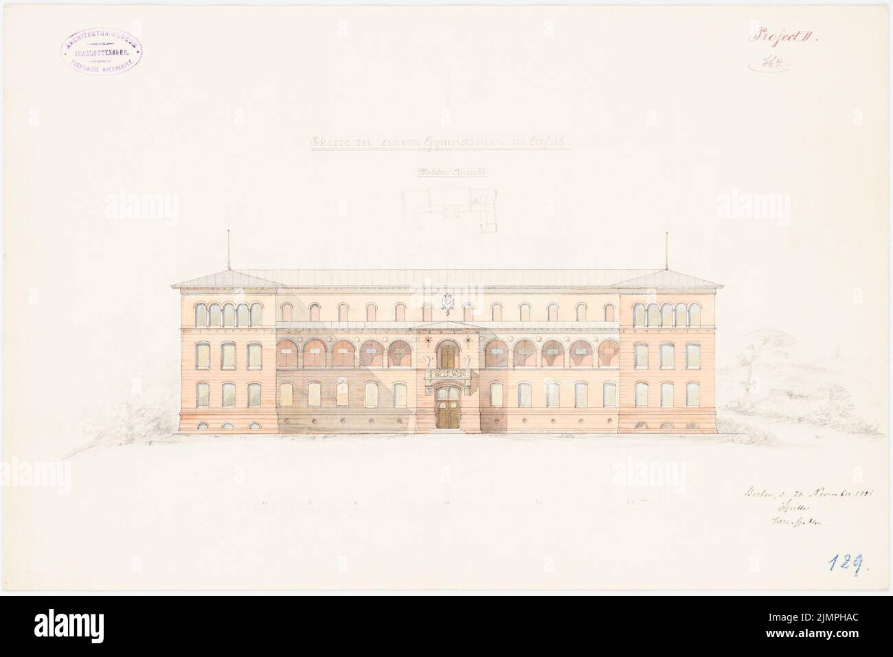 Spitta Max (1842-1902), Gymnase, Kassel (21 novembre 1881): Vue. Tusche, aquarelle crayon sur la boîte, 32,6 x 48,9 cm (y compris les bords de balayage) Spitta Max (1842-1902): Gymnase, Kassel Banque D'Images