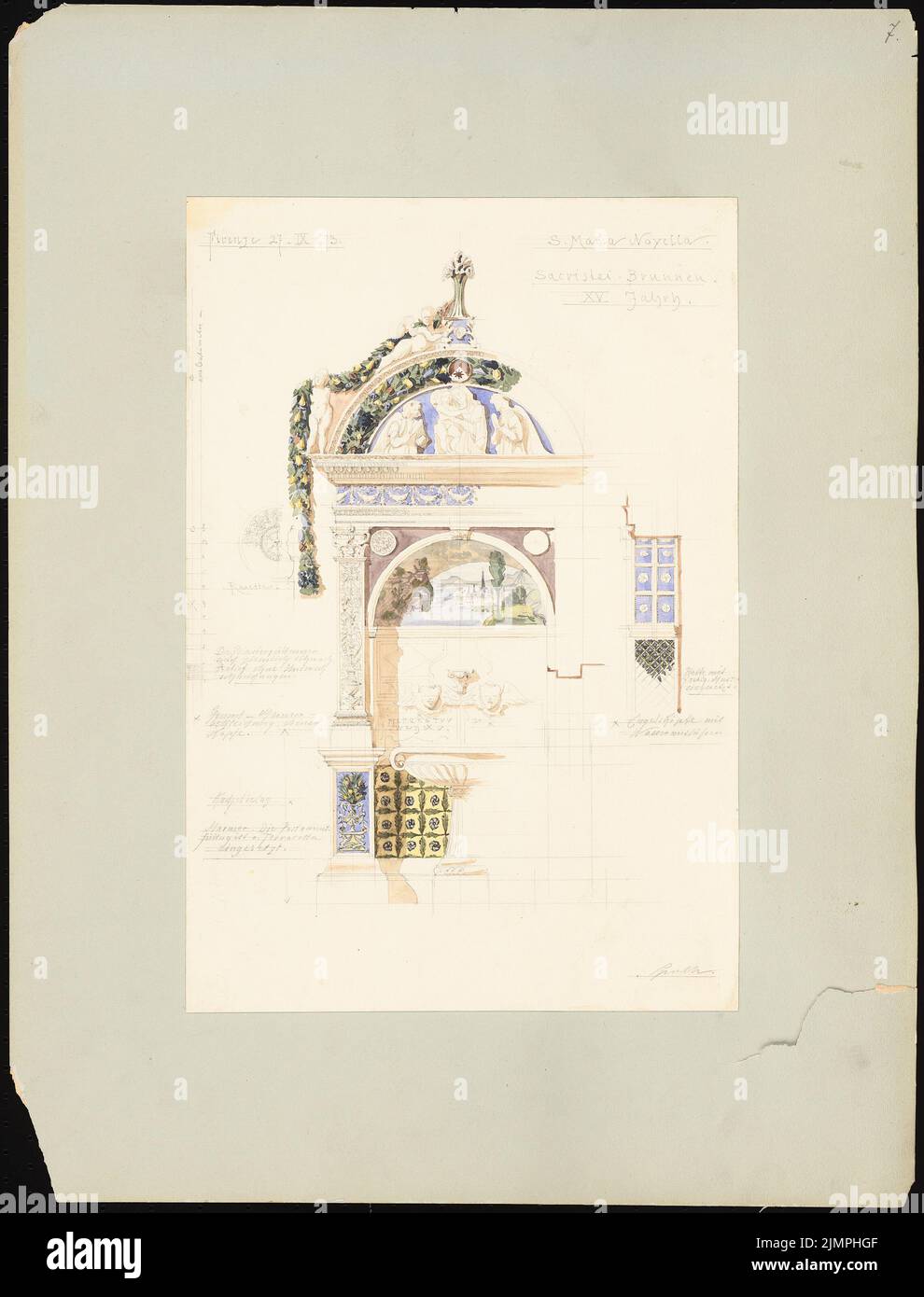 Sputh Ernst, S. Maria Novella à Florence. Fontaine de Sacristei (27 septembre 1873): Vue. Crayon aquarelle sur papier sur carton, 60,4 x 46 cm (y compris les bords de numérisation) Sputh Ernst : S. Maria Novella, Florenz. Sakristeibrunnen Banque D'Images