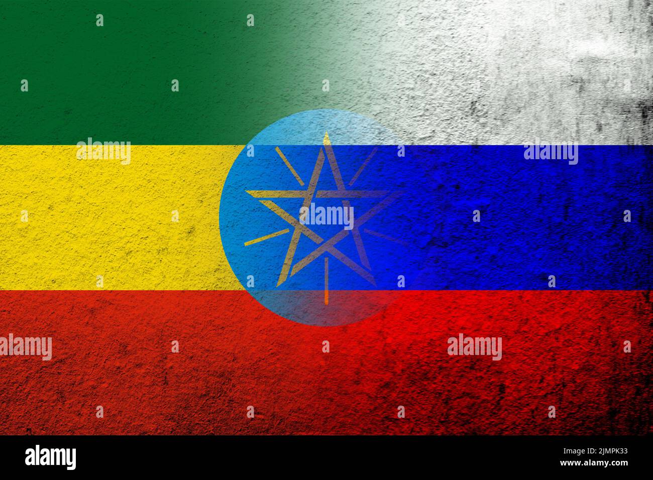 Drapeau national de la Fédération de Russie avec la République d'Éthiopie drapeau national. Grunge l'arrière-plan Banque D'Images