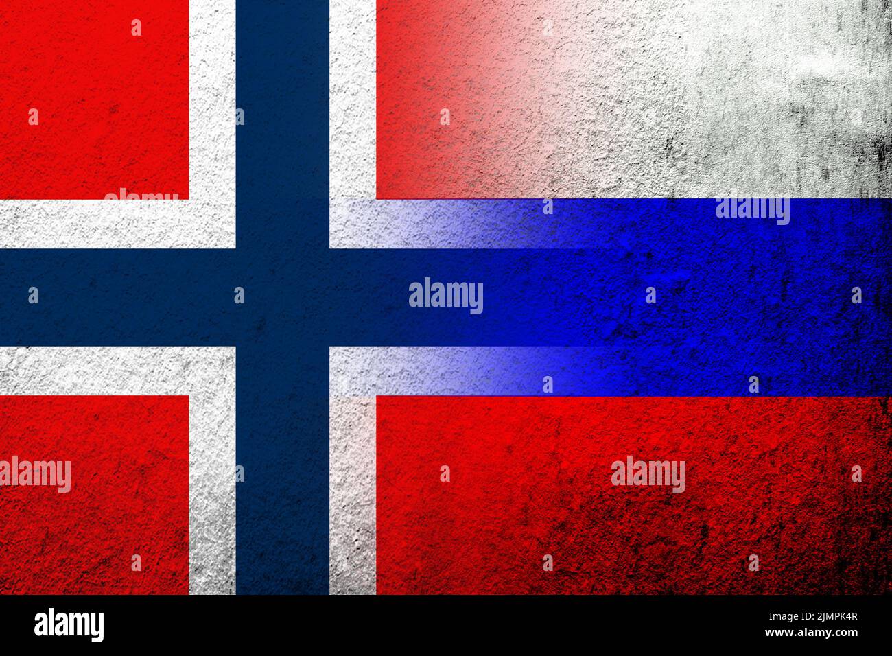 Drapeau national de la Fédération de Russie avec drapeau national du Royaume de Norvège. Grunge l'arrière-plan Banque D'Images