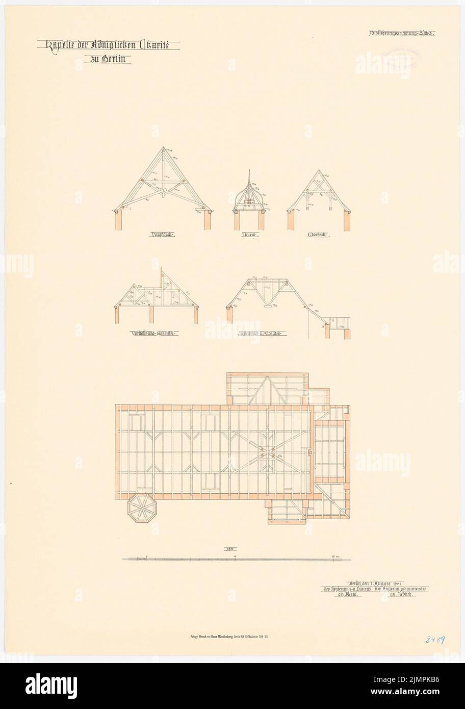 Diestel Georg (1854-1926), chapelle de la Charité, Berlin (env 1901): rafters de plan de plancher, coupes dans l'usine de toit 1: 100. Lithographie colorée sur le carton, 74,5 x 52,3 cm (y compris les bords de balayage) Diestel Georg (1854-1926): Kapelle der Charité, Berlin Banque D'Images