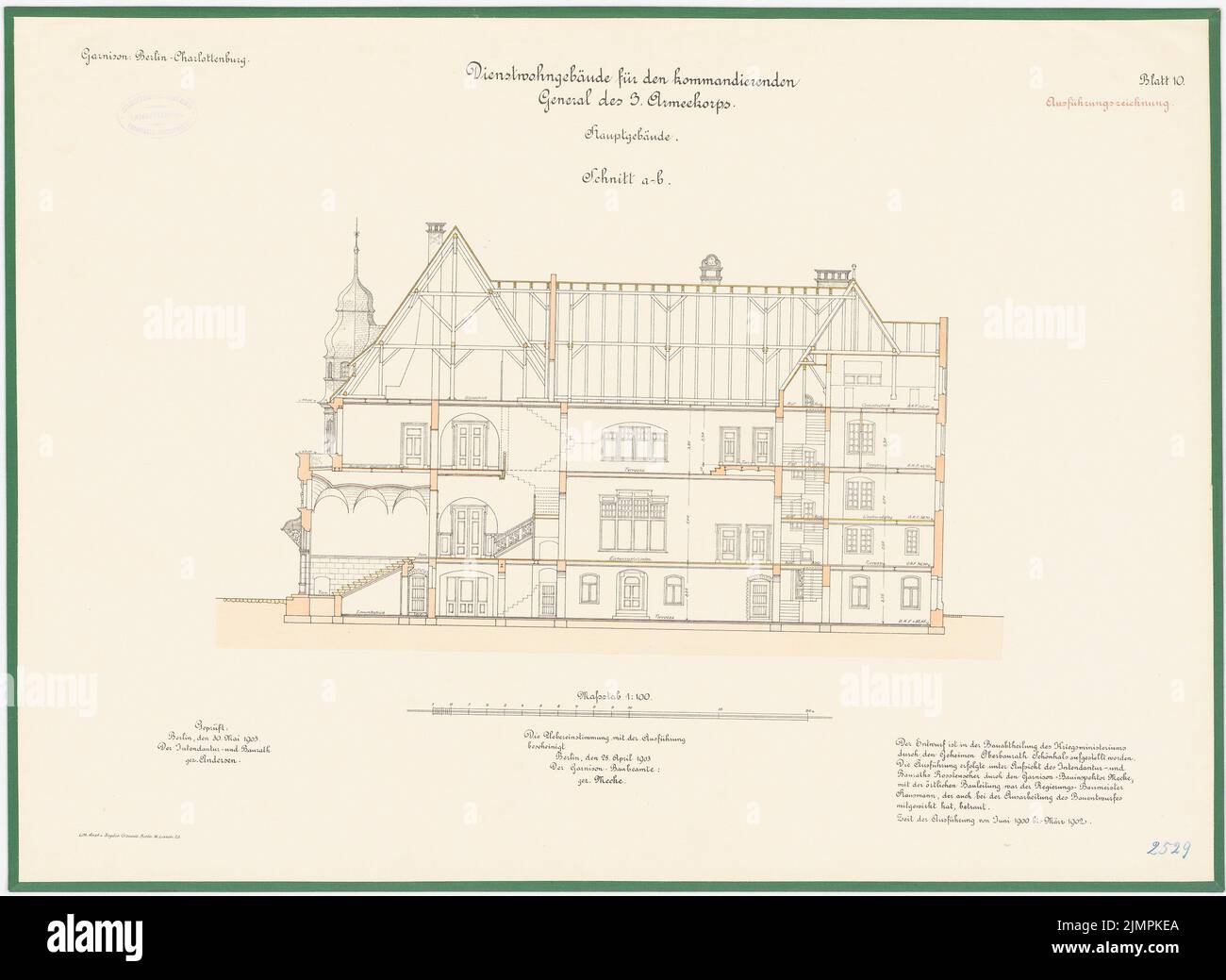 Schönhal, bâtiment de service pour le commandant général du corps d'armée de 3rd, Berlin-Charlottenburg (1900-1902): Bâtiment principal: Moyenne 1: 100. Lithographie colorée sur carton, 50,1 x 68,6 cm (y compris les bords de balayage) Schönhal : Dienstwohngebäude für den Kommandierenden général des 3. Armeecorps, Berlin-Charlottenburg Banque D'Images