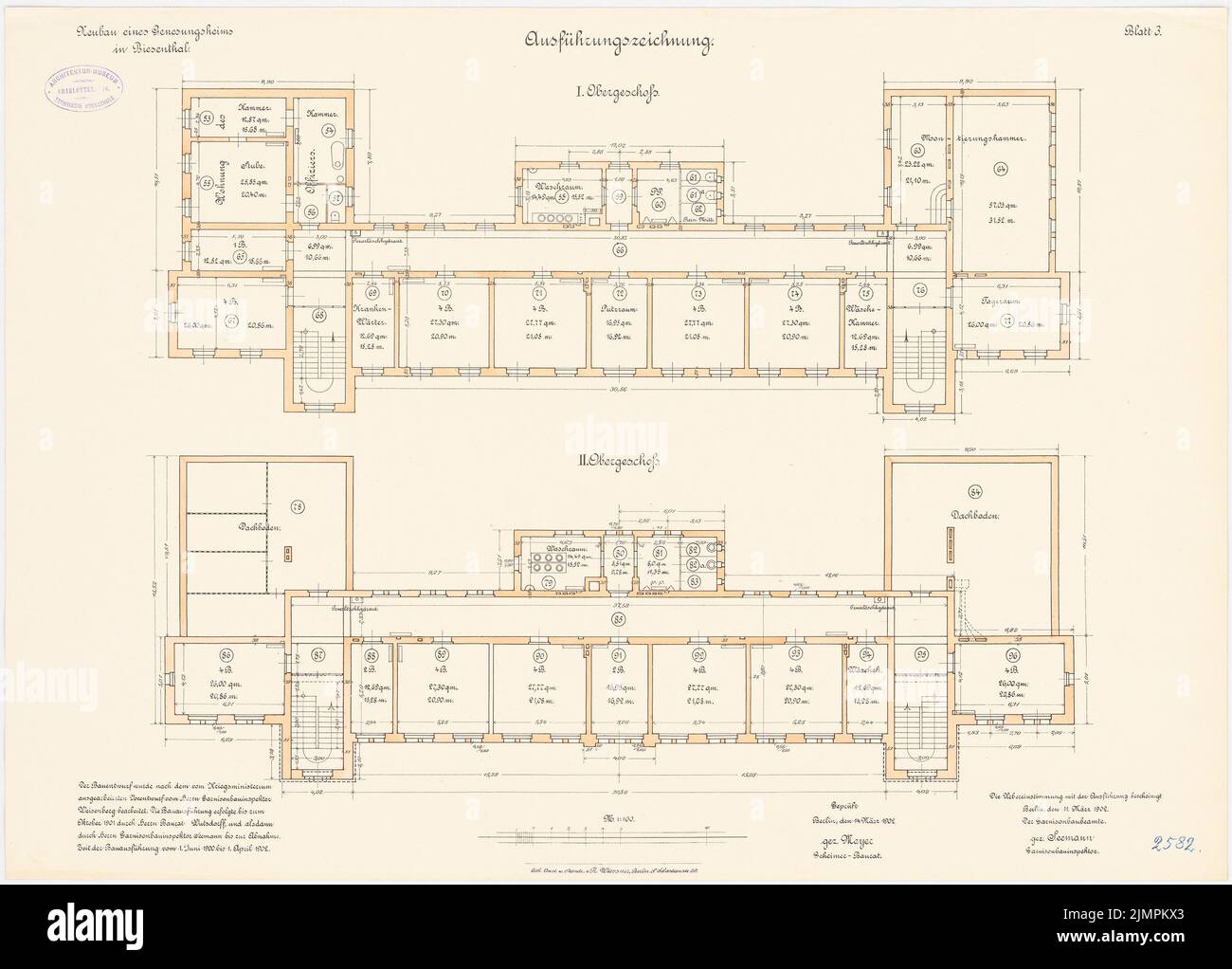 Weisenberg, maison de récupération du corps de Garde, Biesenthal (1900-1902):  Bâtiment principal: Plan d'étage 1st étage, 2nd étage 1: 100. Lithographie  colorée sur la boîte, 50,5 x 70,5 cm (y compris les