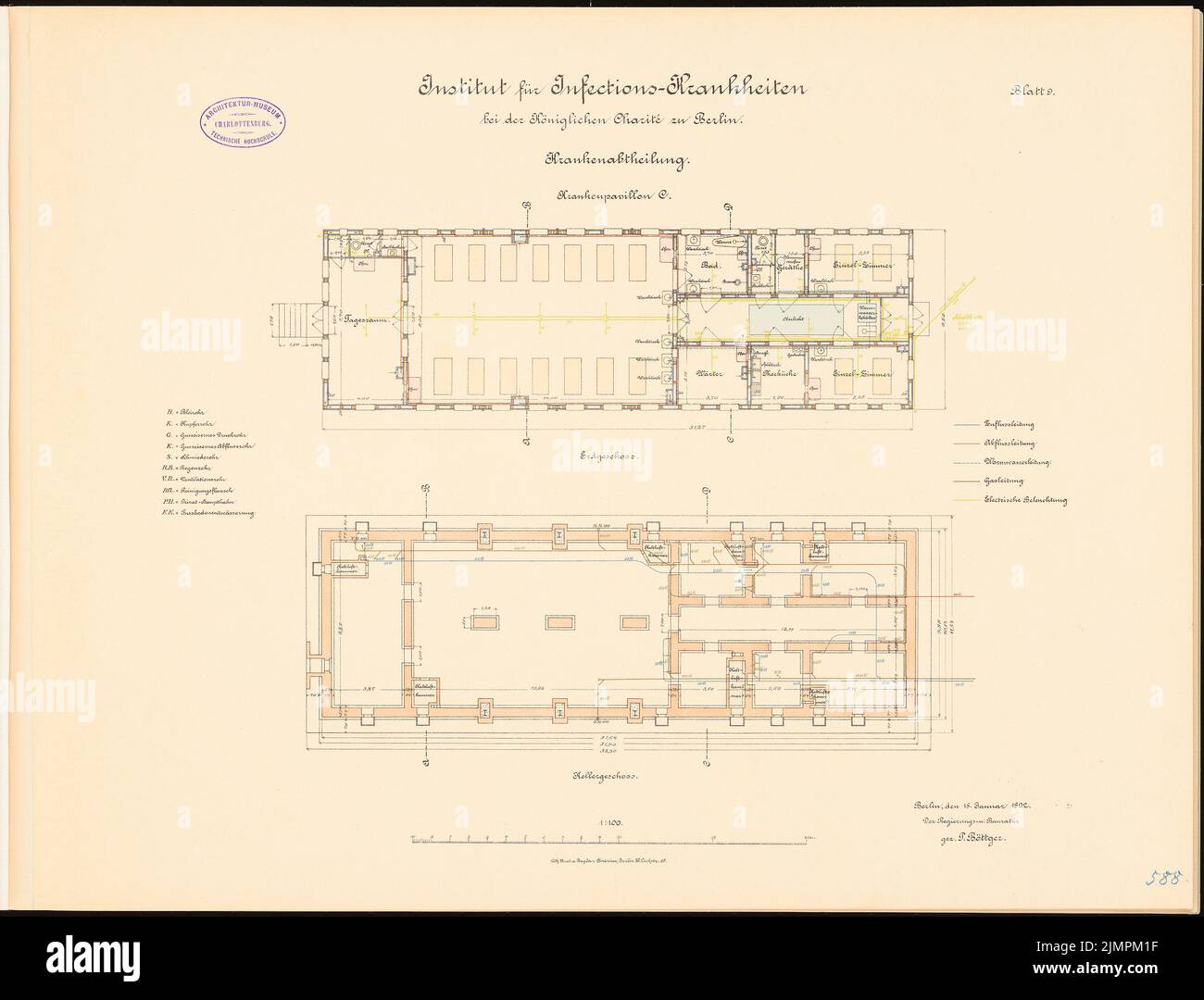 Böttger Paul (1851-1933), Institut des maladies infectieuses de la Charité, Berlin (1891-1892): Pavillon de l'hôpital C: Grundriss sous-sol, rez-de-chaussée 1: 100. Lithographie colorée sur le carton, 48,5 x 63,7 cm (y compris les bords de balayage) Böttger Paul (1851-1933): Institut für Infektionskrankheiten der Charité, Berlin Banque D'Images