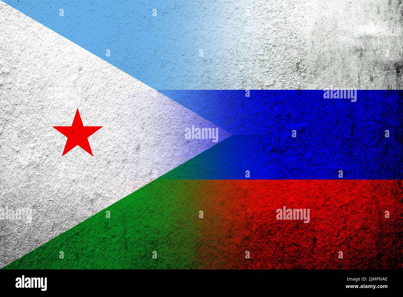 Drapeau national de la Fédération de Russie avec la République de Djibouti drapeau national. Grunge l'arrière-plan Banque D'Images