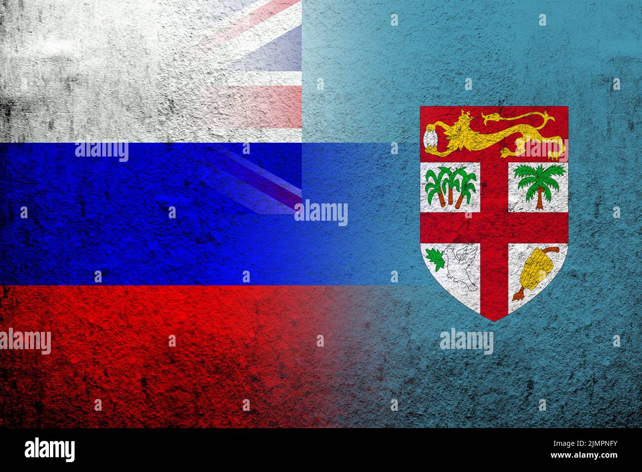 Drapeau national de la Fédération de Russie avec la République de Fidji drapeau national. Grunge l'arrière-plan Banque D'Images