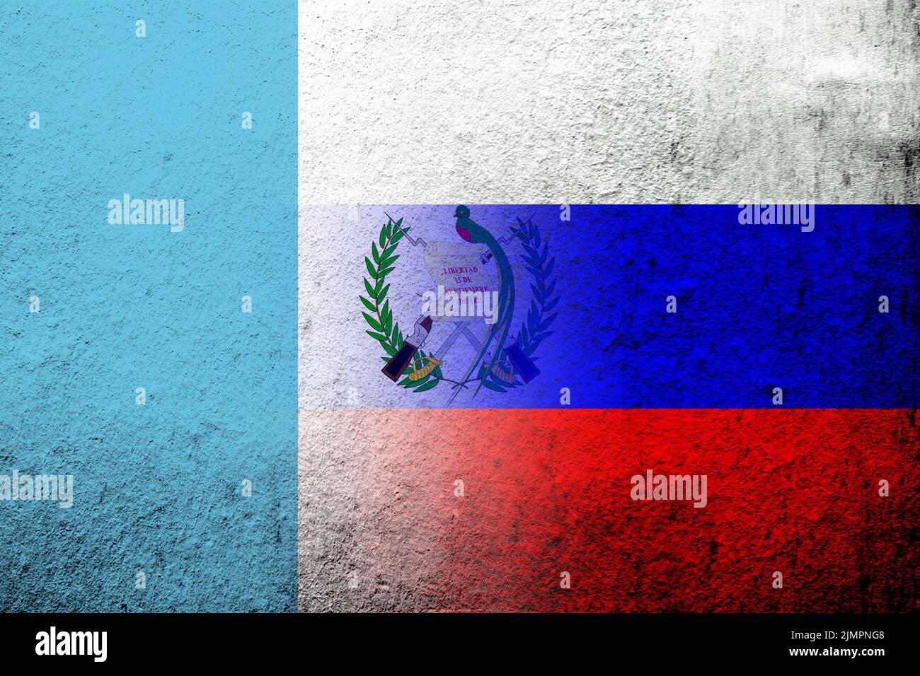 Drapeau national de la Fédération de Russie avec la République du Guatemala drapeau national. Grunge l'arrière-plan Banque D'Images