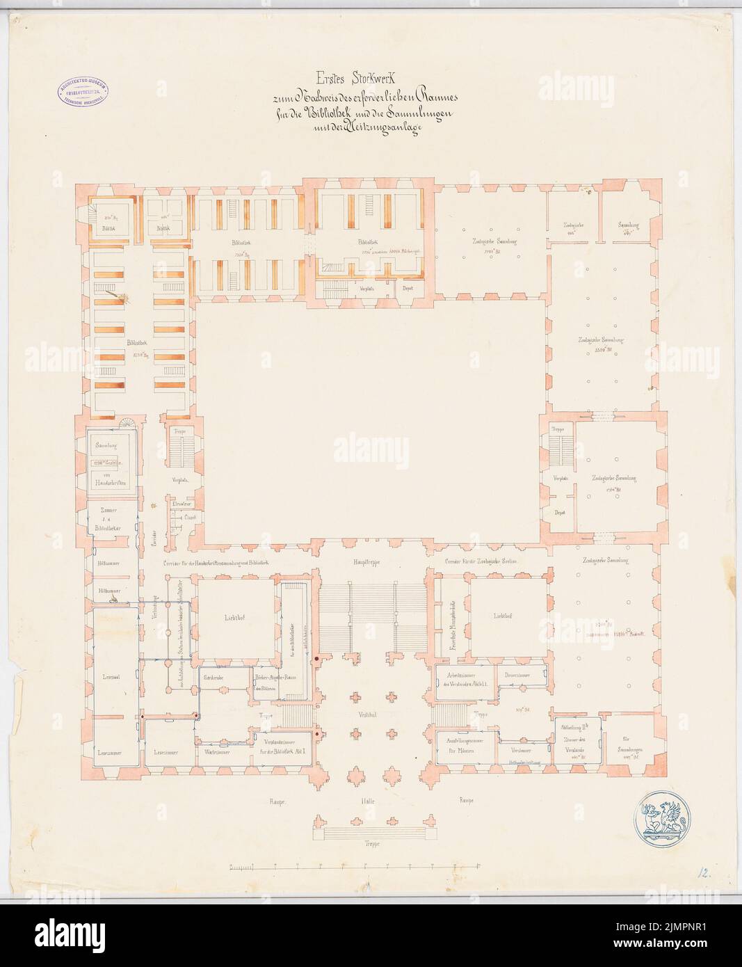 Pichler Oskar (1826-1865), bâtiment pour les collections United Grand Ducal (art, pièces, bibliothèque, sciences naturelles), Karlsruhe (sans date): Plan d'étage pour la détection spatiale et le chauffage, 1st étages. Encre, couleur encre, aquarelle sur papier, 80,4 x 66 cm (y compris les bords de numérisation) Pichler Oskar (1826-1865): Gebäude für die Vereinigten Großherzoglichen Sammlungen (Kunst, Münzen, Bibliothek, Naturwissenschaften), Karlsruhe Banque D'Images