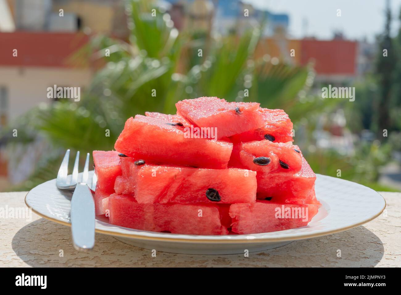 Melon d'eau mûr coupé en tranches sur une assiette et vue sur les palmiers. Banque D'Images