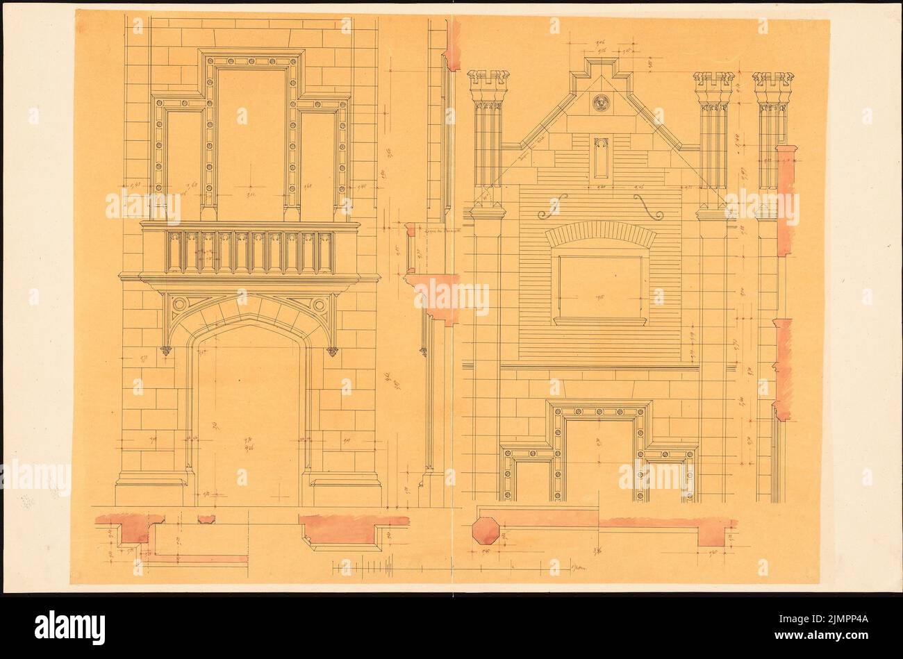 Lange Ludwig (1808-1868), maison de campagne (sans date) : détails de la construction intermédiaire. Tusche aquarelle sur transparent, 50 x 75,6 cm (y compris les bords de balayage) Lange Ludwig (1808-1868): Landhaus Banque D'Images