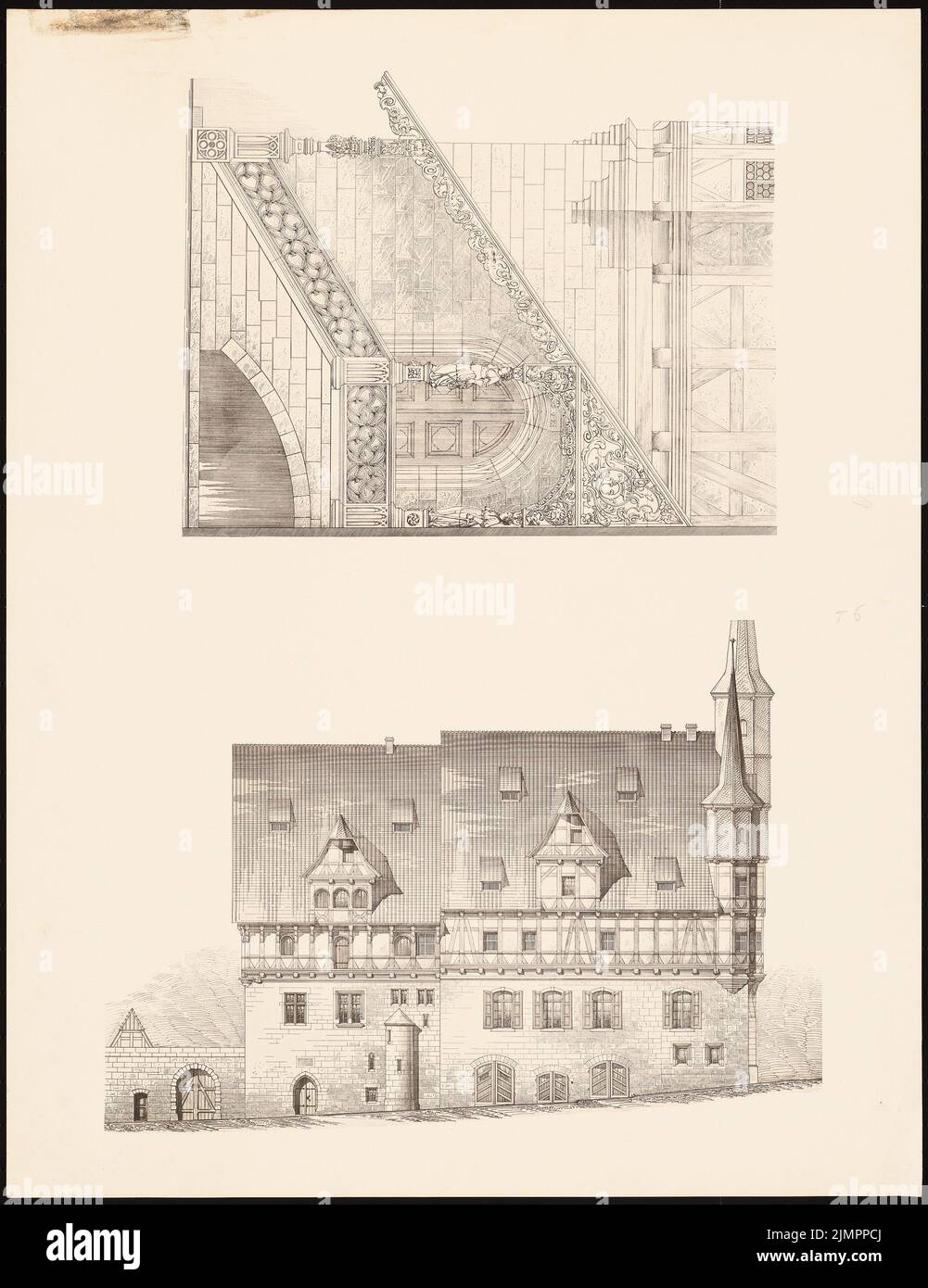 Lehmmübner Paul (1855-1916), hôtel de ville de Duderstadt (1898): Escalier et vue de l'est (réduction de Inv.no 5693 et 5694). Rupture légère sur le carton, 65,8 x 50,7 cm (y compris les bords de balayage) Lehmgrübner Paul (1855-1916): Rathaus, Duderstadt Banque D'Images