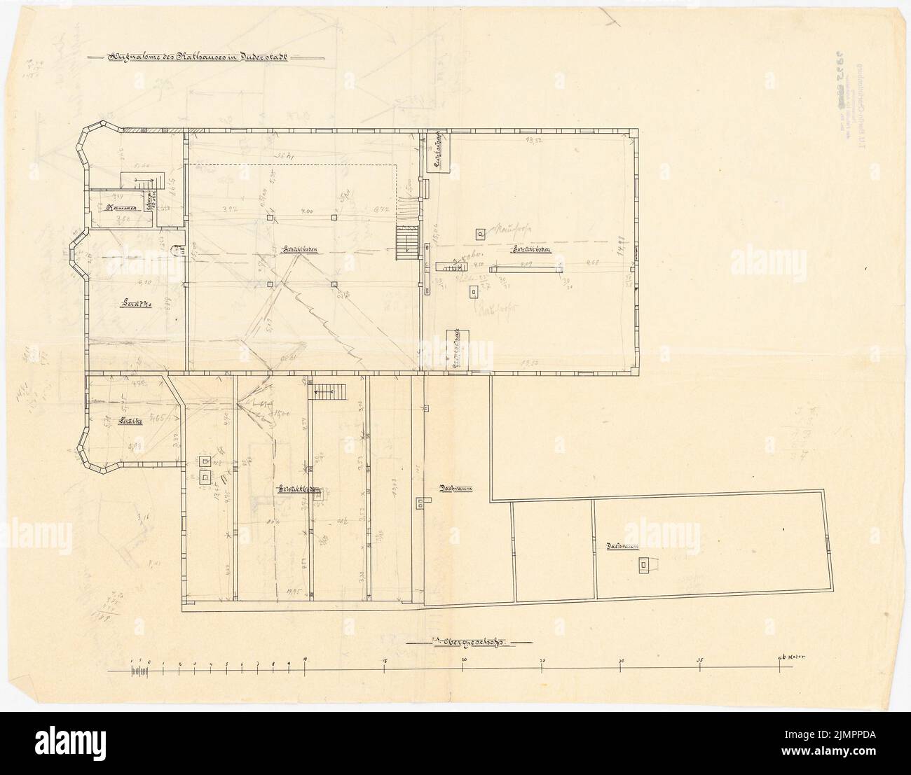 Lehmmübner Paul (1855-1916), hôtel de ville de Duderstadt (1898): Plan d'étage 1st étage 1: 100. Encre et crayon sur transparent, 44,5 x 56,8 cm (y compris les bords du scan) Lehmgrübner Paul (1855-1916): Rathaus, Duderstadt Banque D'Images