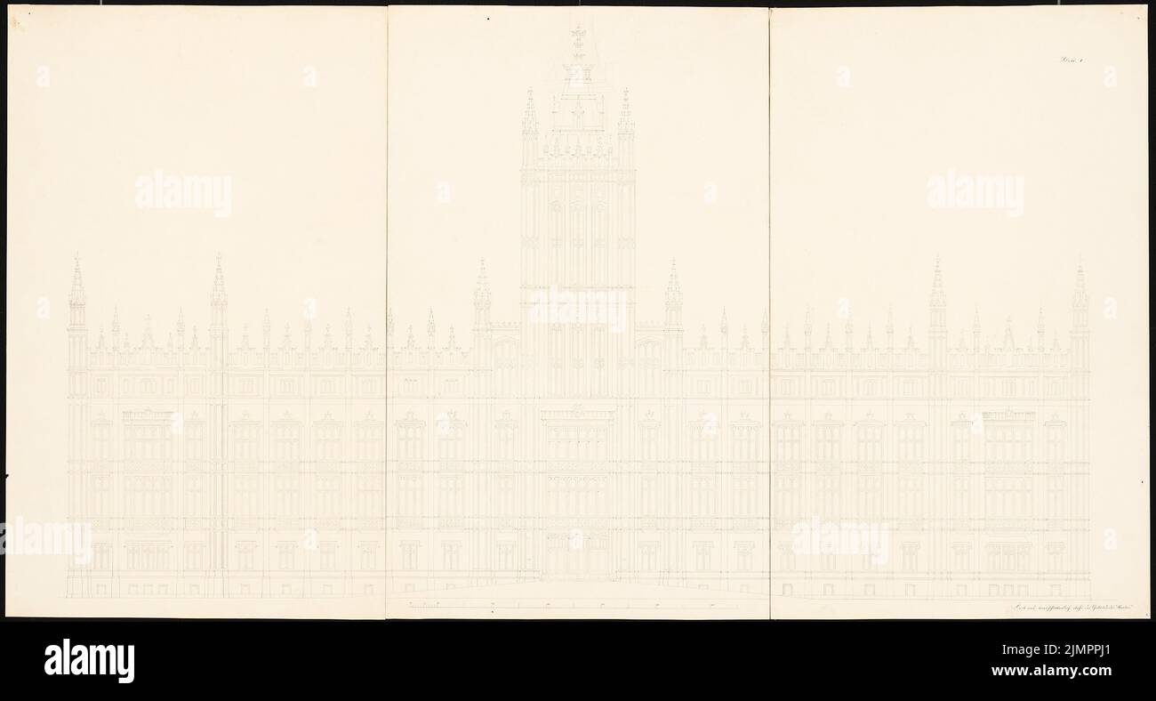 Knoblauch Eduard (1801-1865), hôtel de ville de Hambourg (1854) : vue de face. Encre, 65 x 120,9 cm (y compris les bords de numérisation) Knoblauch Eduard (1801-1865): Rathaus, Hambourg Banque D'Images