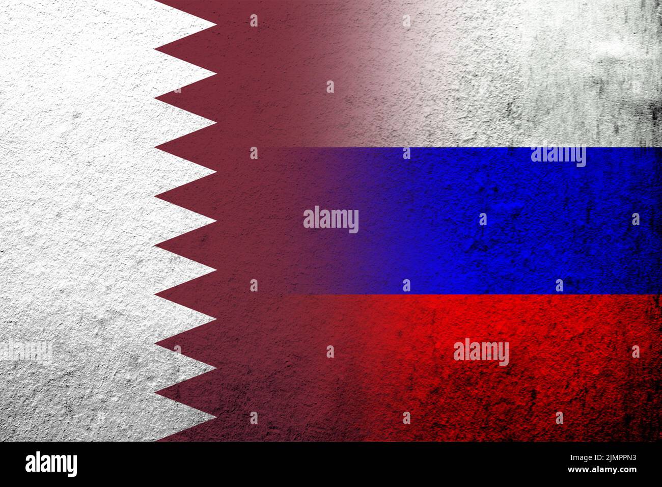 Drapeau national de la Fédération de Russie avec l'État du Qatar drapeau national. Grunge l'arrière-plan Banque D'Images