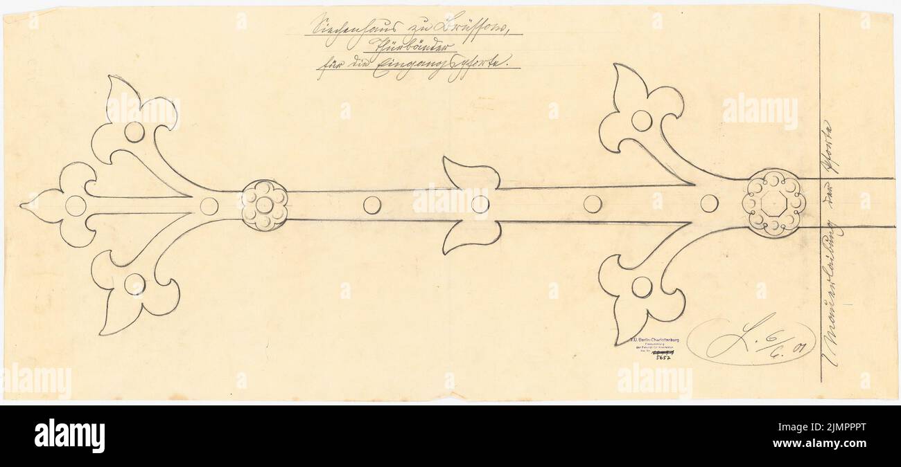 Lehmmübner Paul (1855-1916), Health and Siechenhaus in Brüssow. Tirant d'exécution valide (06.06.1901) : ligaments de porte pour la porte d'entrée 1 : 1. Crayon sur transparent, 43,9 x 97,3 cm (y compris les bords de balayage) Lehmgrübner Paul (1855-1916): Kranken- und Siechenhaus, Brüssow. Führungsentwurf Banque D'Images