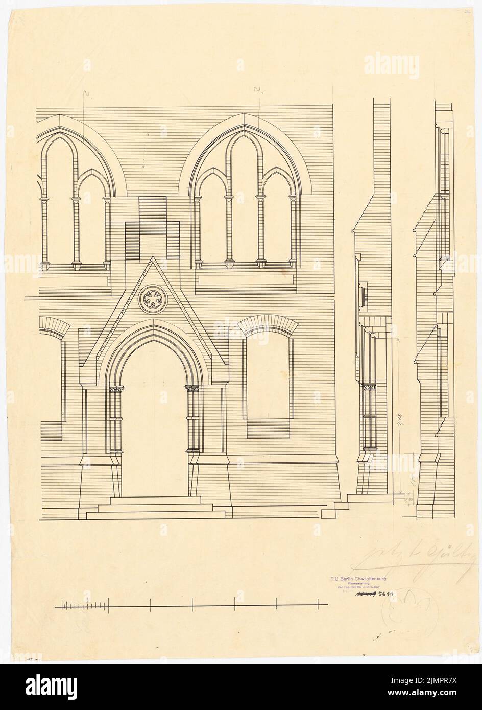 Lehmmübner Paul (1855-1916), Health and Siechenhaus in Brüssow. Version préliminaire d'exécution valide (1899-1899) : vue du portail principal, coupe 1:25. Encre sur transparent, 63 x 45,8 cm (y compris les bords de balayage) Lehmgrübner Paul (1855-1916): Kranken- und Siechenhaus, Brüssow. Führungsentwurf Banque D'Images