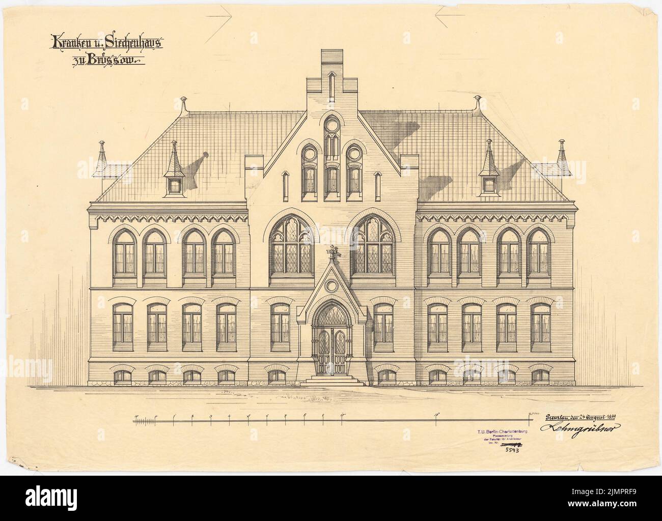 Lehmmübner Paul (1855-1916), Health and Siechenhaus in Brüssow. Avant-projet (24.08.1899): Street View 1:50 (variante). Encre, crayon sur transparent, 50,7 x 70,5 cm (y compris les bords de balayage) Lehmgrübner Paul (1855-1916): Kranken- und Siechenhaus, Brüssow. Vorentwurf Banque D'Images