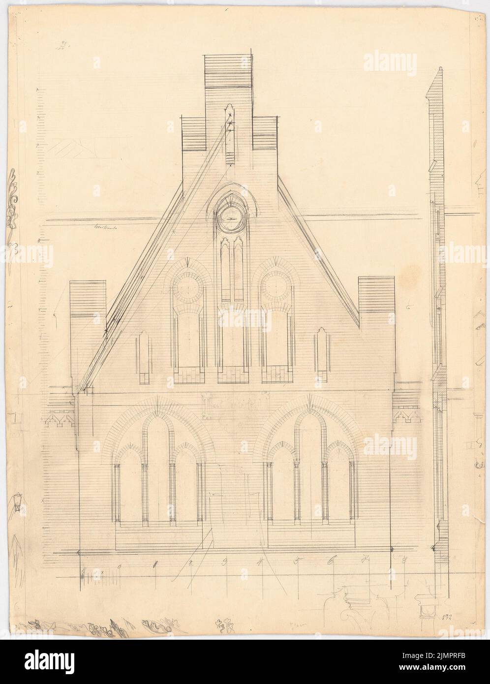 Lehmmübner Paul (1855-1916), Health and Siechenhaus in Brüssow. Présentation de l'ébauche (1899): FachaDendail pour Inv.No 5593 1:25. Crayon sur carton, 71,6 x 54,9 cm (y compris les bords de balayage) Lehmgrübner Paul (1855-1916): Kranken- und Siechenhaus, Brüssow. Vorentwurf Banque D'Images