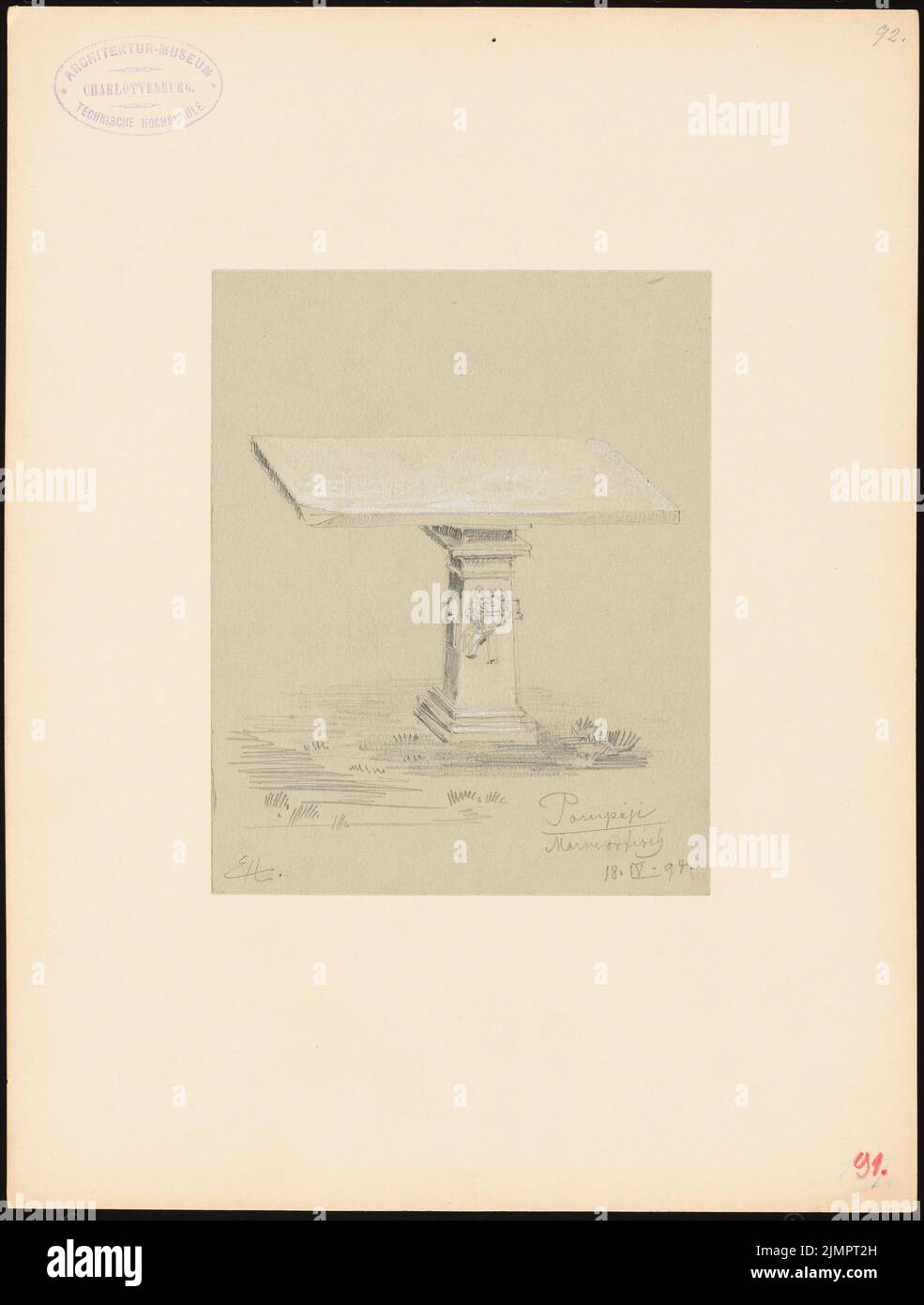 Hoffmann Emil (1845-1901), table en marbre à Pompéi (18 avril 1894) : contenu du plan N.N. détecté. Crayon sur papier, 32,6 x 24,7 cm (y compris les bords de numérisation) Hoffmann Emil (1845-1901): Marmortisch, Pompeji Banque D'Images