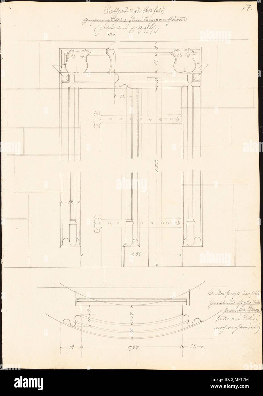 Lehmmübner Paul (1855-1916), hôtel de ville d'Alsfeld (1897) : porte d'entrée de la tour d'escalier 1:10. Crayon sur la boîte, 35 x 24,9 cm (y compris les bords de numérisation) Lehmgrübner Paul (1855-1916): Rathaus, Alsfeld Banque D'Images