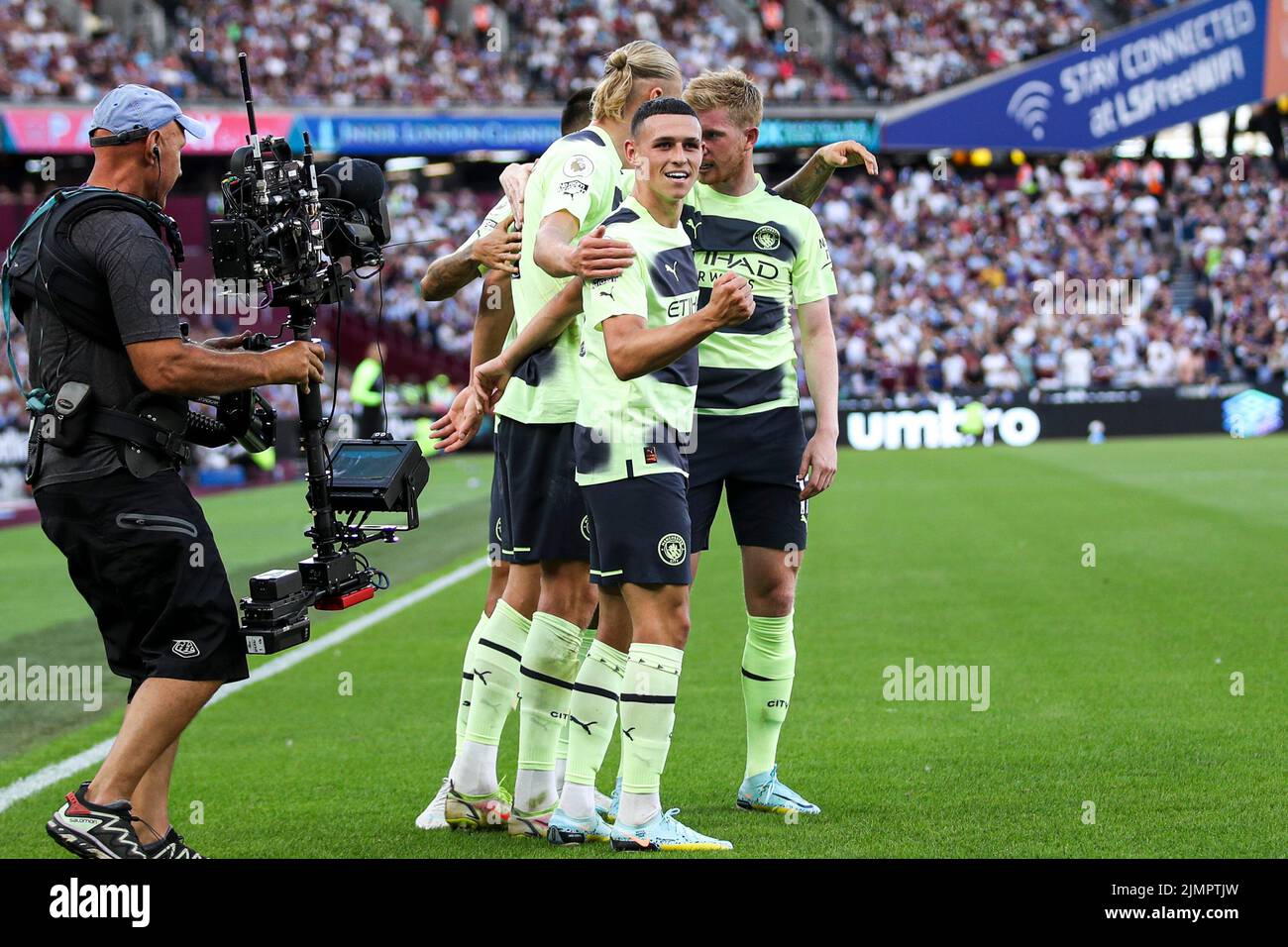 Londres, Royaume-Uni. 7th août 2022. Erling Haaland, de Manchester City, célèbre son but lors du match de la Premier League entre West Ham United et Manchester City au London Stadium, Stratford, le dimanche 7th août 2022. (Credit: Tom West | MI News) Credit: MI News & Sport /Alay Live News Banque D'Images