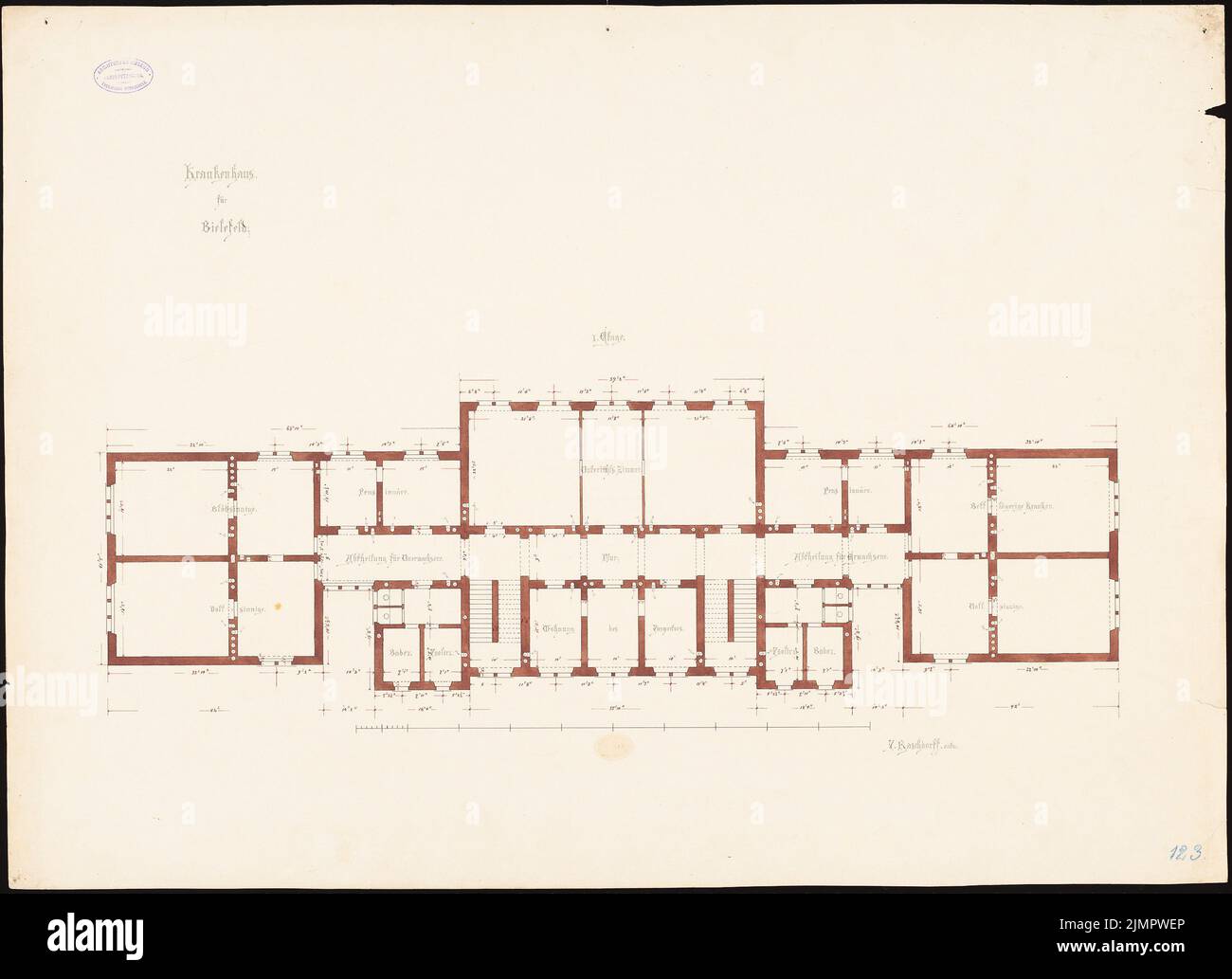 Raschdorff Julius (1823-1914), Institut de santé et de soins infirmiers de Bielefeld. 4. Projet (sans date): Grundriss og. Encre, crayon, couleur encre, aquarelle sur carton, 67,9 x 93,6 cm (y compris les bords de numérisation) Raschdorff Julius (1823-1914): Kranken- und Pflegeanstalt Bielefeld. 4. Projekt Banque D'Images
